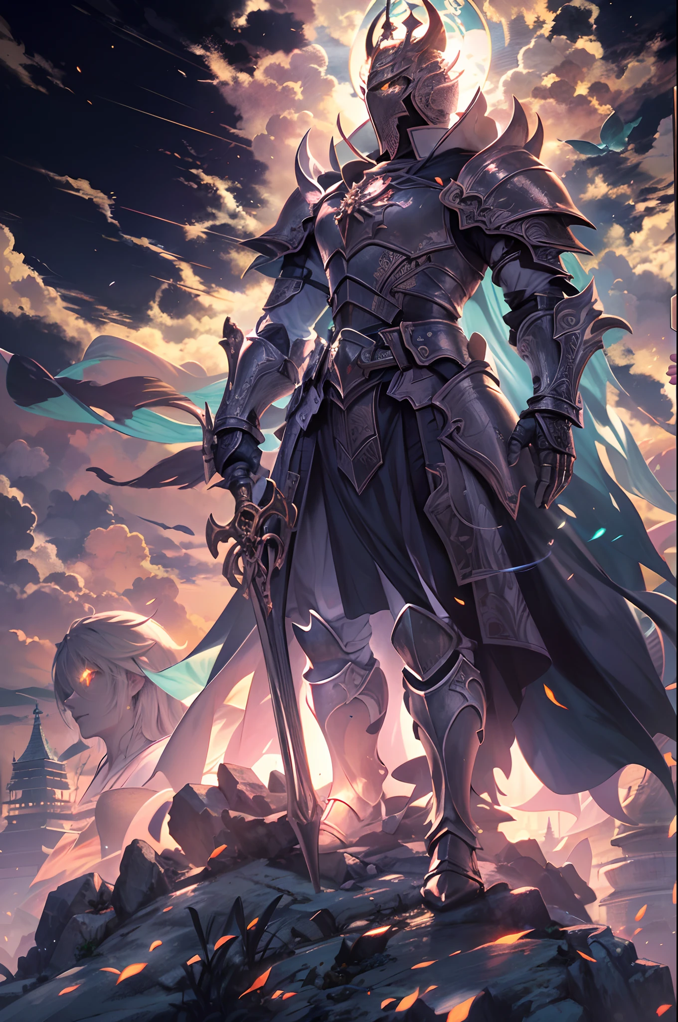 (detailed light, cinematic lighting, lens flare, light leaks, sunlight , shine , beautiful detailed glow),A holy knight, standing on the top of a hill piled with demonic bodies, a light blessing cascading from his head, Surreal, Japanese anime, Intricate details, Ultra detailed, Uplight, Multicolor, Rim lighting, Glowing