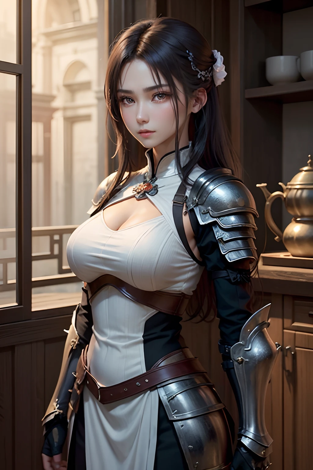 (Top quality, Masterpiece) A young woman in armor stood aside,The expression is stoic. She wears a white tunic underneath her breastplate, She has black hair and warm dark eyes.Slim figure,Chinese beautiful woman,a asian beauty