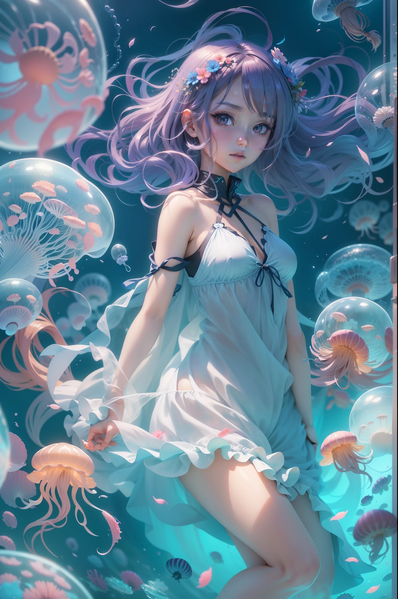 Anime woman in plain light blue swimsuit drifts underwater,Wear a thin translucent summer dress、A swarm of jellyfish floating in a gradient of 7 colors floating in the background、Trending on Art Station pixiv, Anime Style 4k, guweiz on pixiv artstation, guweiz on artstation pixiv, Anime art wallpaper 8k, beautiful anime artwork, 4K anime art wallpapers, 4K anime art wallpapers, Beautiful anime girl, clean detailed anime art、4K、32K、Send appearances to viewers、