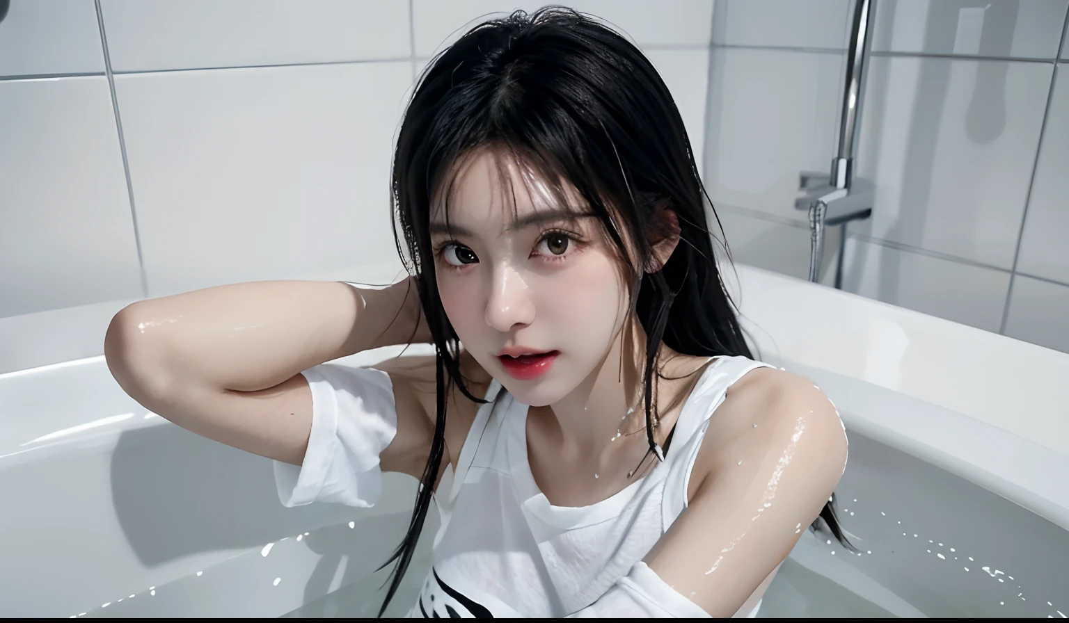 black hair girl,White socks with bare legs,transparent white shirt,Superskirt,Sit in the bathtub,Flushing on the face,Get wet all over your body,The white socks were soaked,The expression is shy,High- sharpness,A high resolution