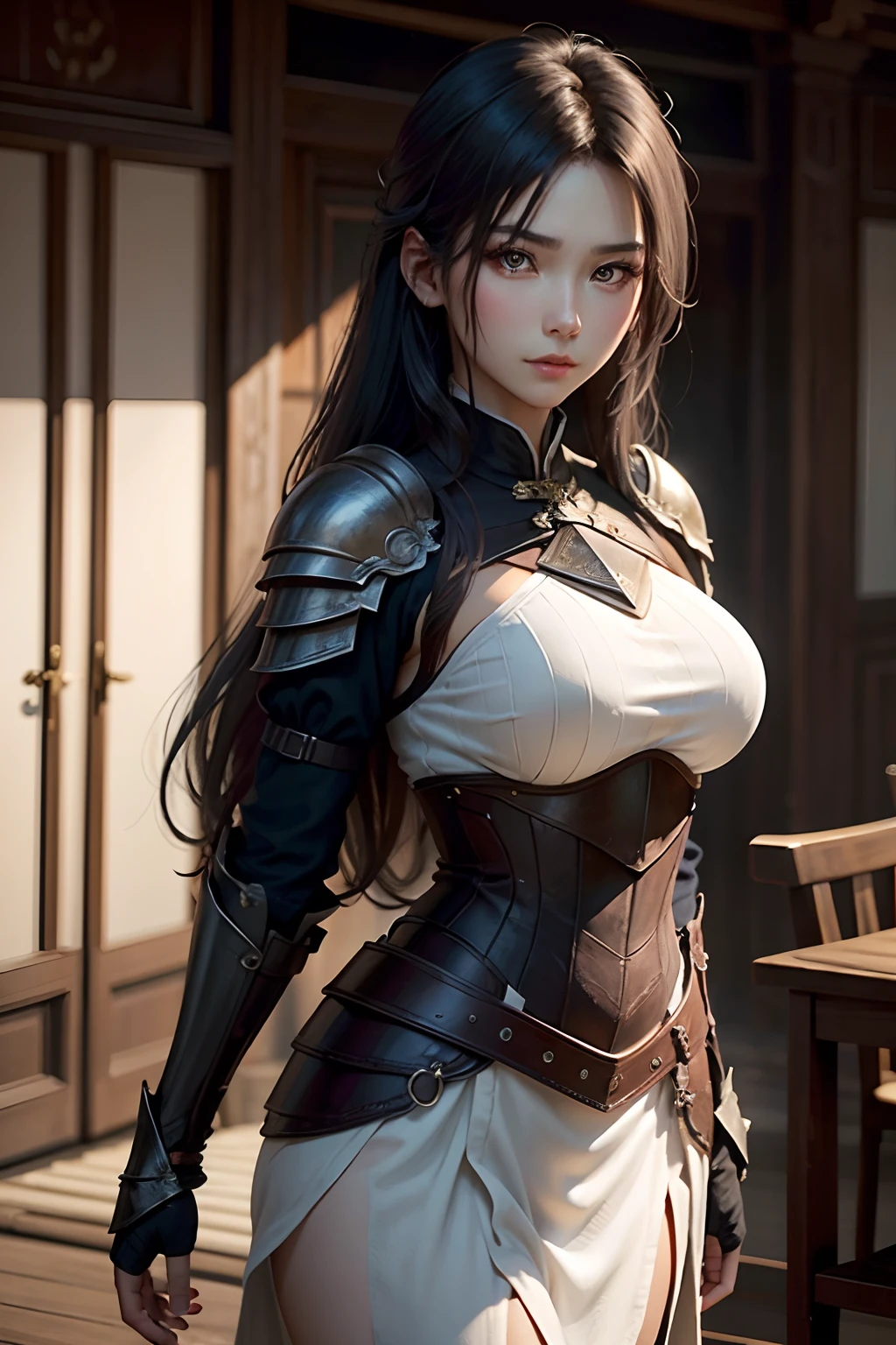 (Top quality, Masterpiece) A young woman in armor stood aside，The expression is stoic. She wears a white tunic underneath her breastplate， She has black hair and warm dark eyes.Slim figure，Chinese beautiful woman，a asian beauty