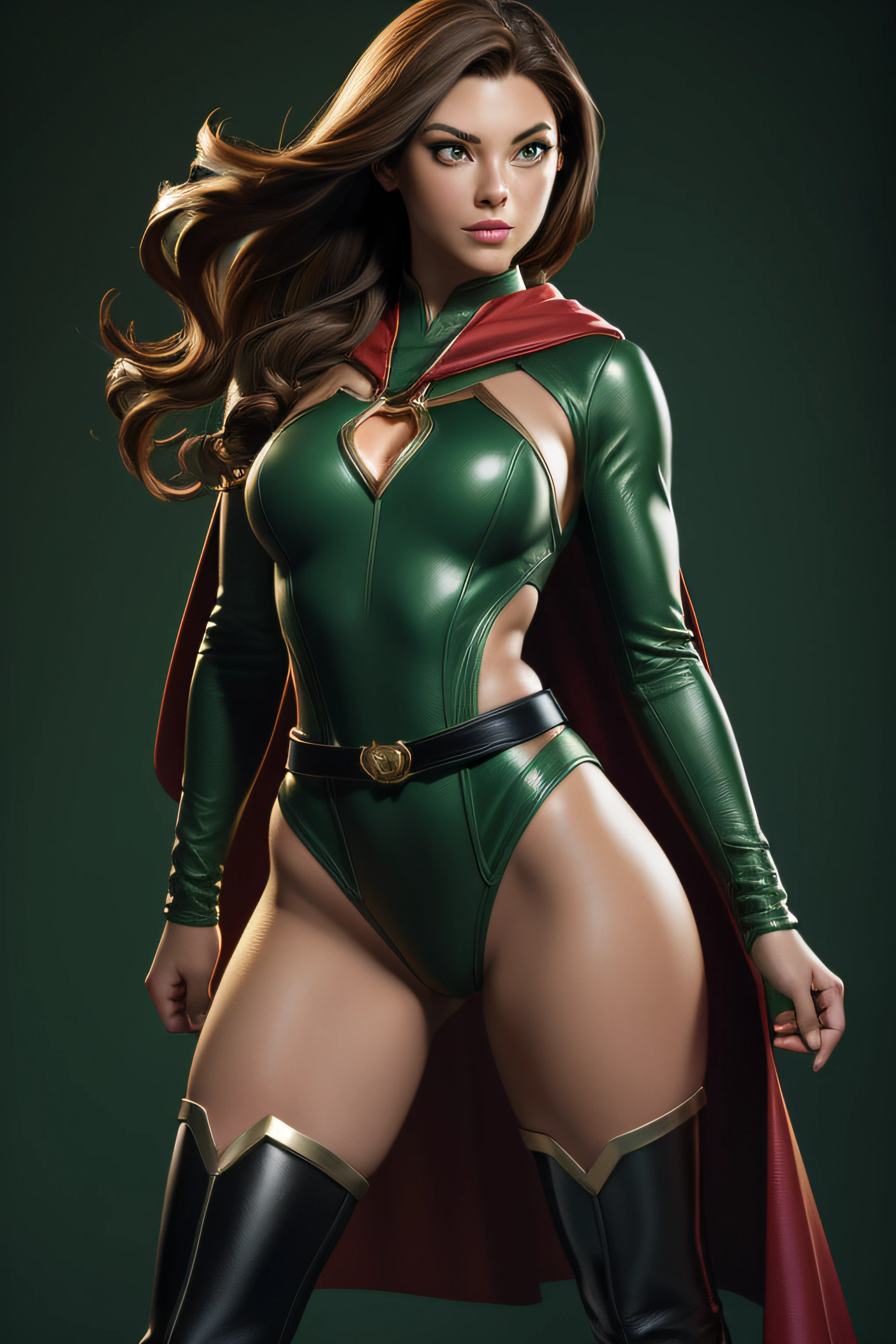 a sexy beautiful superheroine, has brown hair, green eyes, green leotard with a black outer rim, the leotard has an opening on the chest area,. Red cape, red belt with a golden medal in the center, wears high knee boots that are black on the top and green on the bottom portrait photography by artgerm, in the style of realism, glistening skin, cartooncore, mangacore, natural lighting, Defined full lips. Muscular fitness feminine body