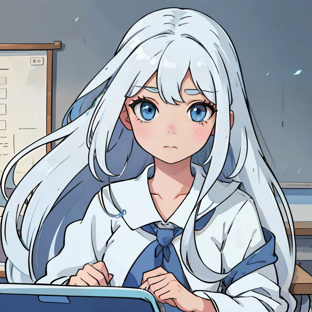 one-girl,long white hair,blue color eyes,in class room,prette,The expression is cold