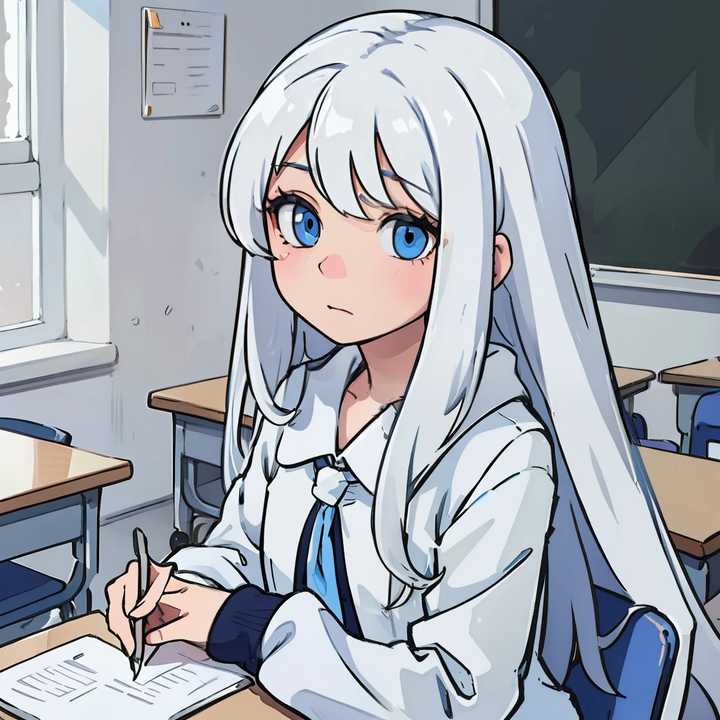 one-girl，long  white hair，blue color eyes，in class room，prette，The expression is cold