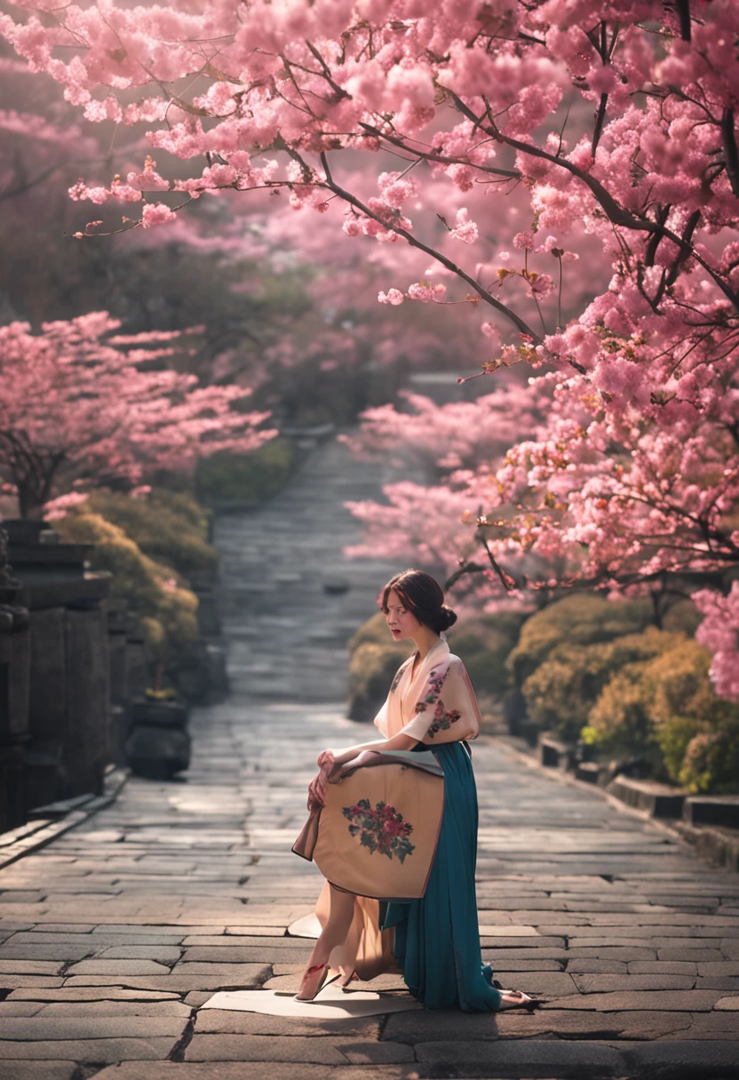 (((Beautiful fece))), High Quality, simple background, Slender woman, Beautiful Japanese scenery, komono, Cherry blossom petals, natural soft light, pale colors, elegant posed, Japanese-style atmosphere