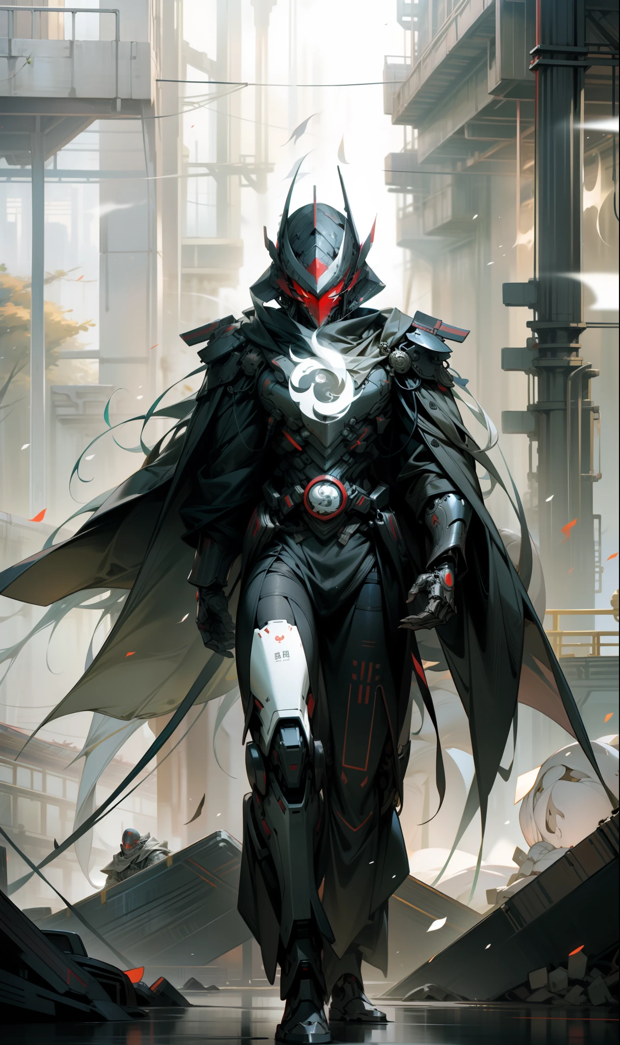 Red mask,The helmet of an ancient Chinese general,male people,Strong males,Huge shoulder armor,Tall mech,Silver-white body,The white,Use the plasma sword,There is a dragon particle effect,Yin and Yang gossip,Formation,mechanical sense,sense of strength,Sense of space,combats,cyber punk perssonage,Human body modification,Structurally sound,Battle instant,high-quality face,4K,High quality,Masterpieces