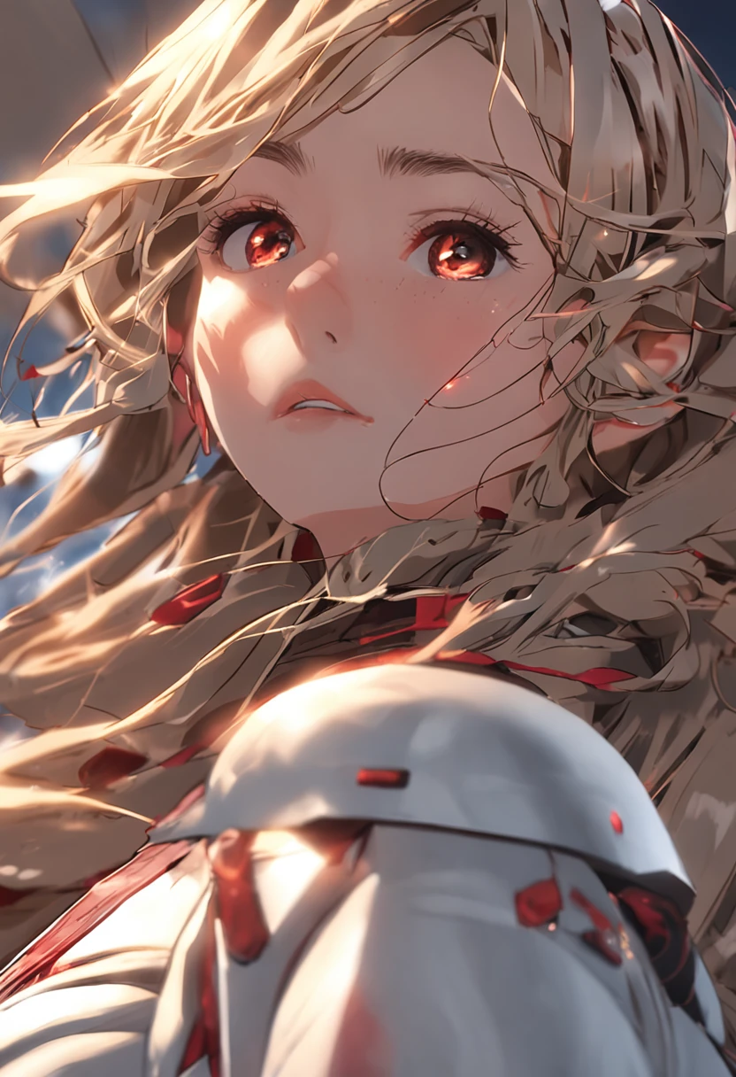 blonde hair, gradient hair, big hair, expressive hair, brown hair, curtained hair, drill hair, hairpin, half-closed eyes, streaming tears, covering ears, smile, Surrealism, Romanticism, motion blur, backlighting, film grain, move chart, dutch angle, from below, bokeh, UHD, masterpiece, high details, high quality,female dancer,prette,delicated,Light light color illusory wings,without wearing shoes,Small red dress,The high-tech battlefield of the future,Fallen soldiers dressed in high-tech warrior uniforms,Two living soldiers fired at gunpoint,Blood-red residual blood hangs high in the upper right night sky,Swing your hands back