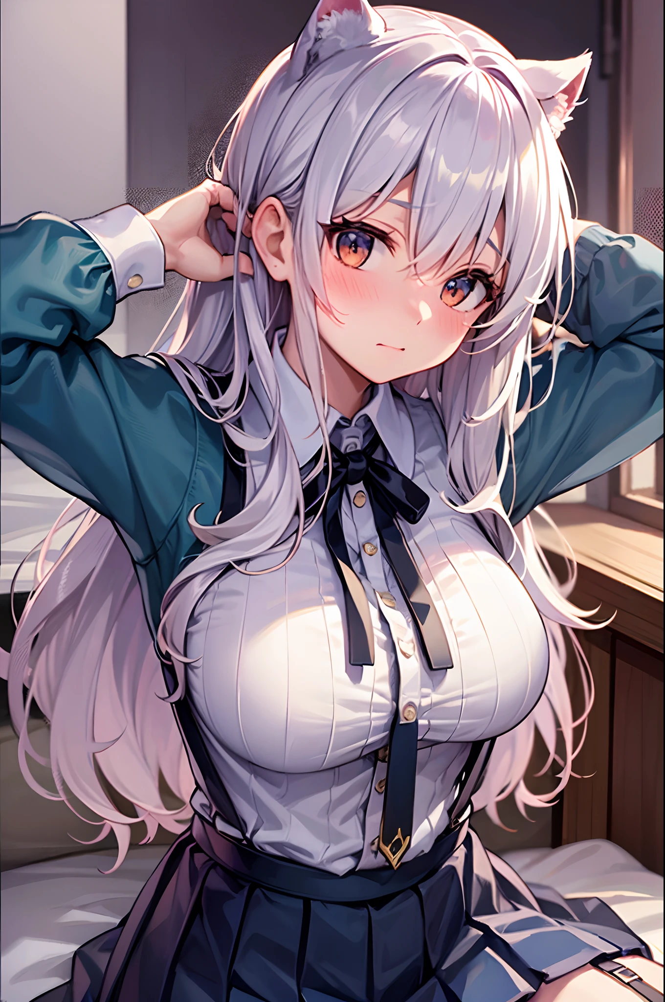 Best Quality, ultra-detailliert, Illustration, silber hair, Aimei,,embarrassed from，red blush，scratching your head，The long-haired，cute  face，beutiful breast，turned around，Suspender Skirt，long-sleeve，Dark blue skirt，neck tie，Close，Angle to show off breasts，look up to，finely detail，a bed、Sit up