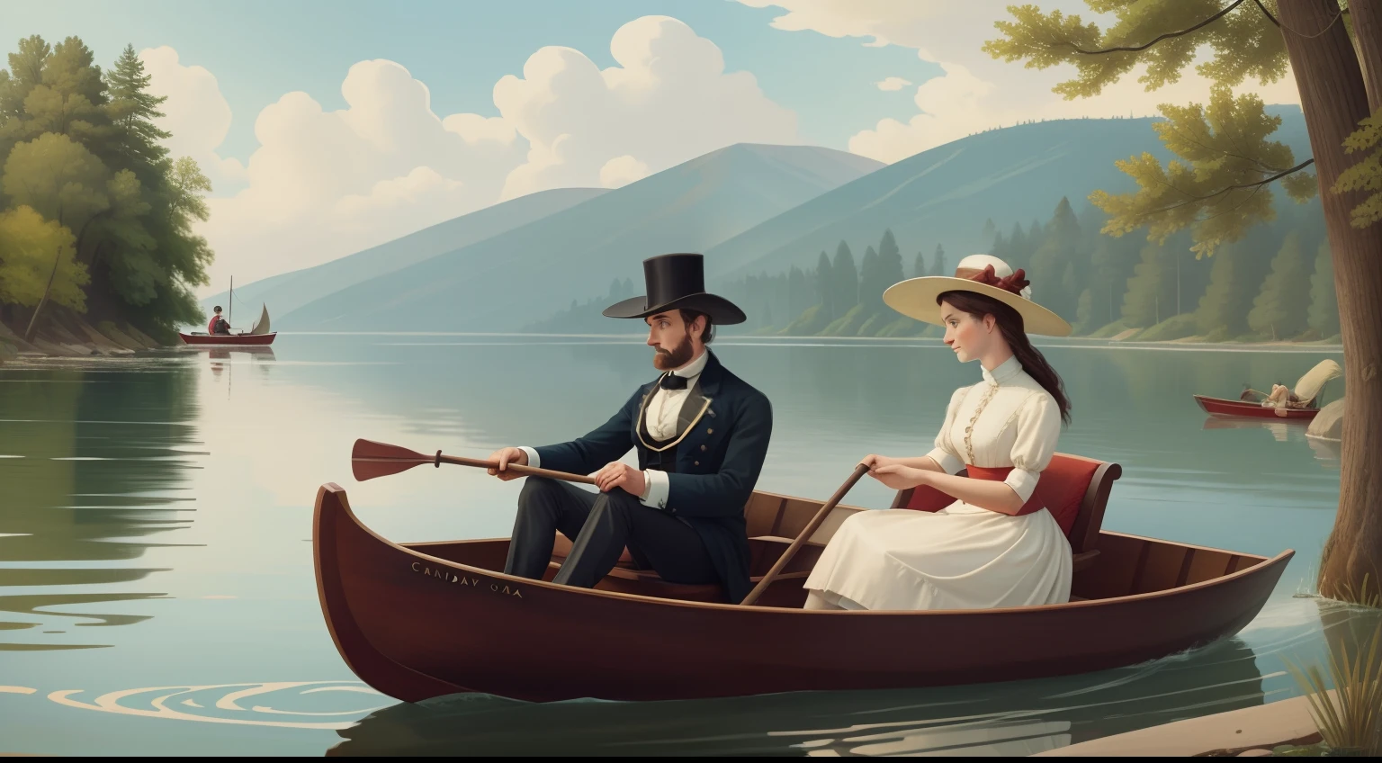 Date: 1852
Country: Canada
Description: Along the tranquil shores of Lake Ontario, a couple in Victorian attire enjoys a leisurely rowboat ride.