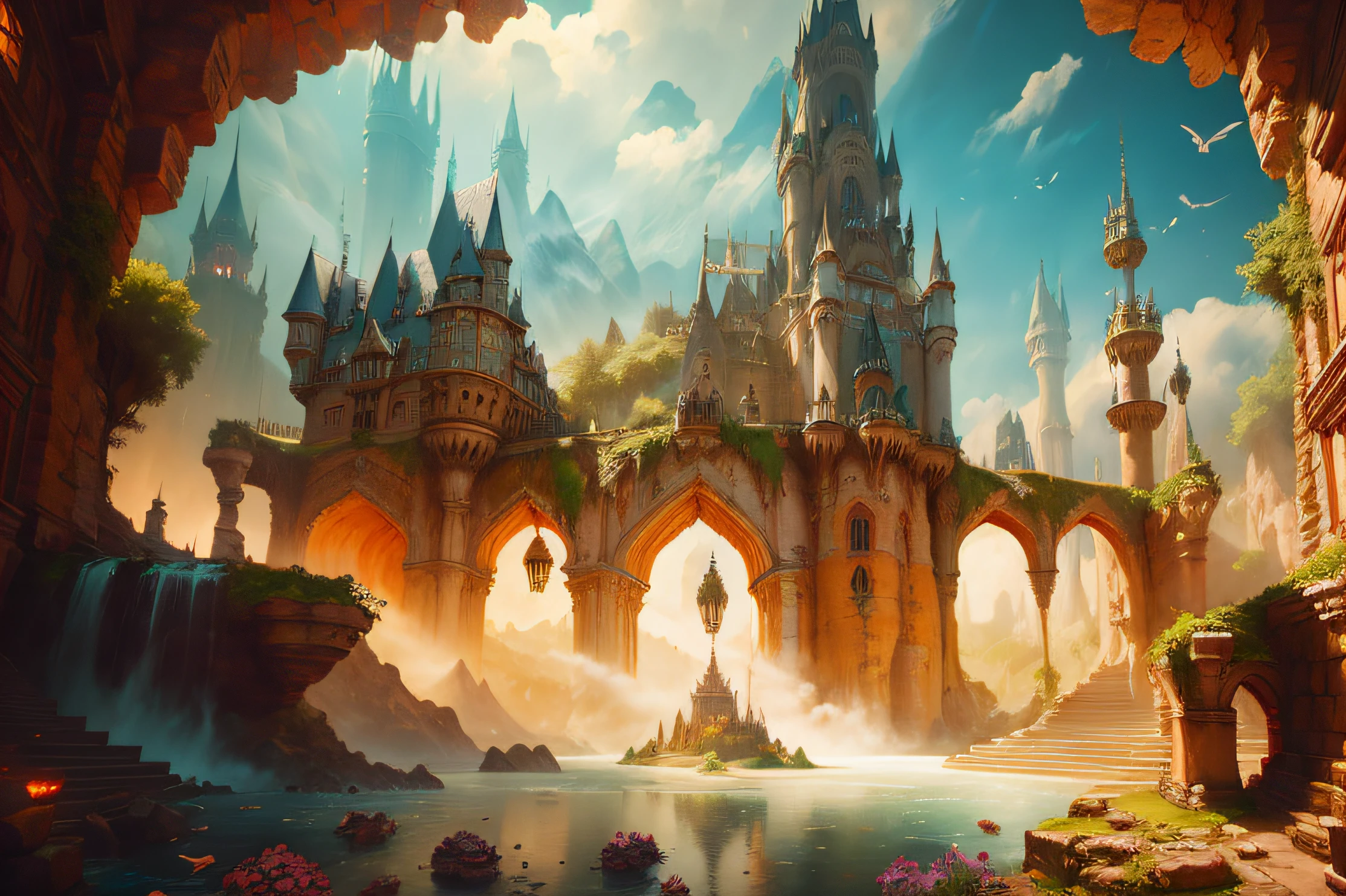 a painting of a castle with a waterfall in the middle of it, pastel colors, fantasy art behance, andreas rocha style, fantasy castle, fantasyconcept art, unreal engine fantasy art, concept art stunning atmosphere, medieval fantasy landscape, fantasy architecture, epic castle with tall spires, fantasy painterly style, 4k fantasy art, stunning! concept art