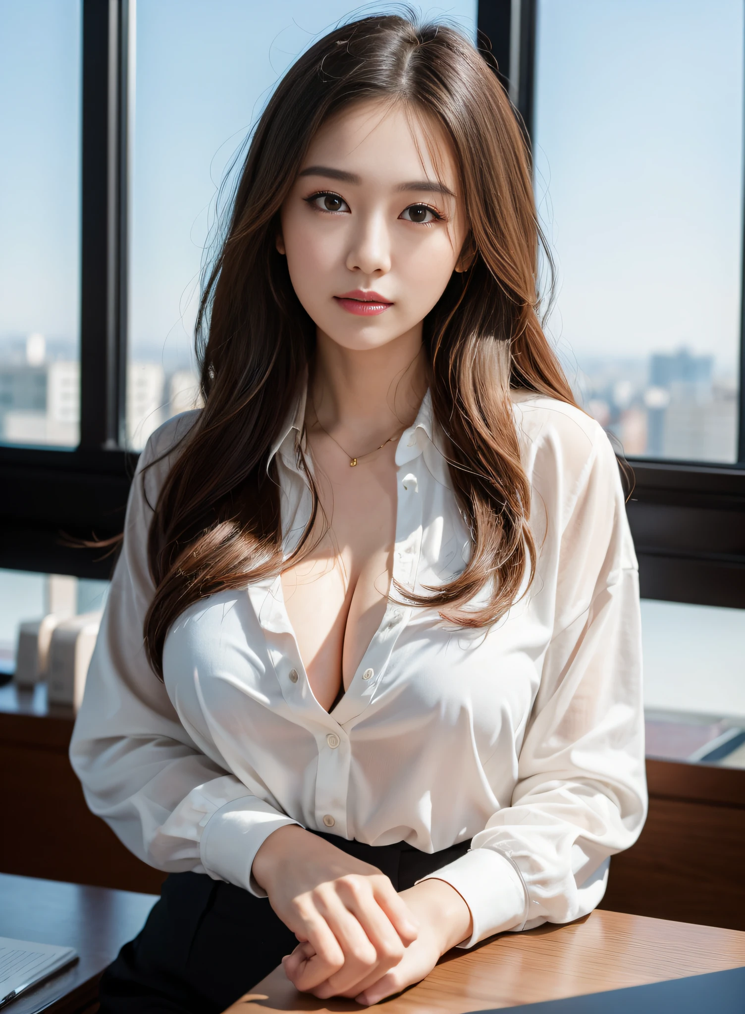 25 years old female, Soio, a secretary, stunningly beautiful, (top-quality、8K、32K、masterpiece、nffsw:1.3)、超A high resolution,(Photorealsitic:1.4),Raw photography, Detailed face,,Beautiful hair, White shirt,((Secretarial style)), thicc body, tight skirts、 Natural makeup, Breast cleavage, Inside the office, Detailed background, Perfect Lighting, depth of fields, Beautiful shadow gradient, ,