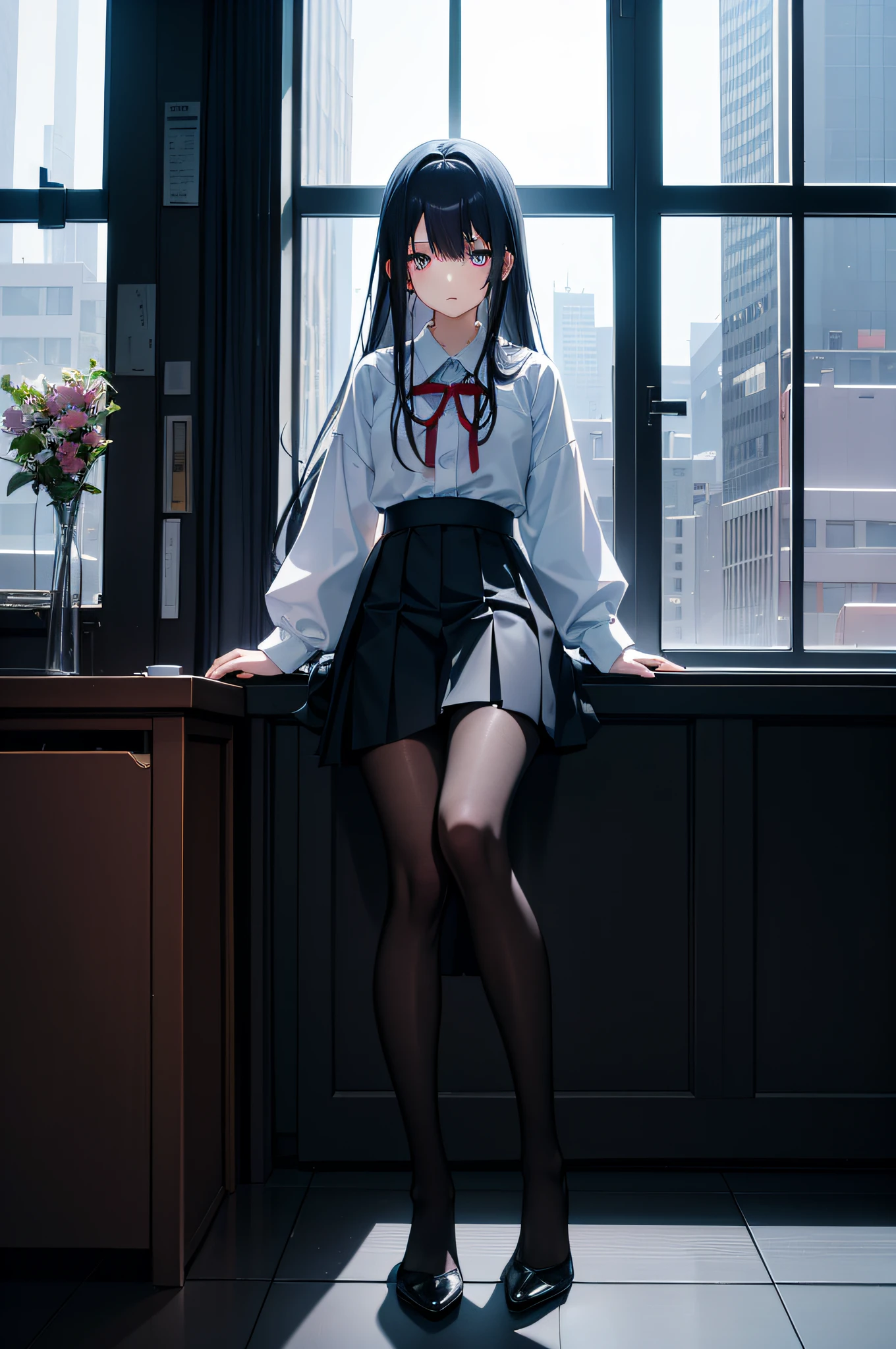 tmasterpiece、Need、Highest high resolution、Japanese high school student、Japanese high school girl、deep blues+Black top、a black pleated skirt、The slender legs are wearing dark black pantyhose、No shoes、ccurateblack hair、Long straight hair, blue colors+Black colored eyes、Sit by the large floor-to-ceiling windows、janelas,glass wall,Look out the window、Outside the window is a sight that can only be seen from the upper floors:Illuminated streets、Brilliant neon lights、Dark night sky and starry sky。