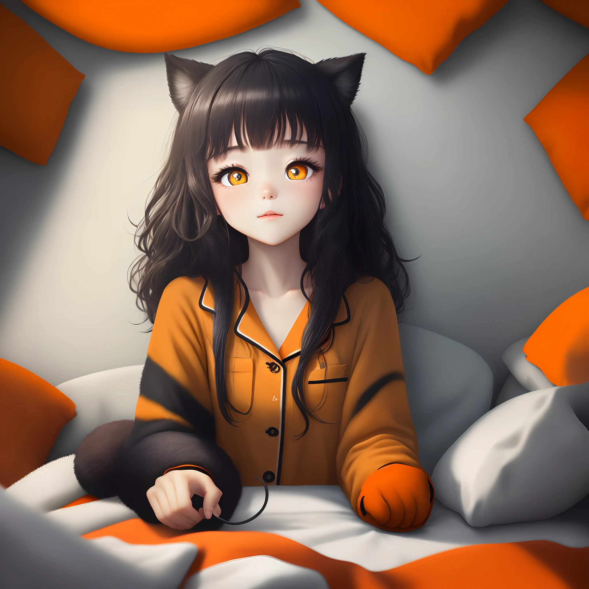 (in high definition with HD texture,High quality production line)with black curled hair+(Orange-yellow pupils),bedroom background,Black pajamas,Furry appearance,Cute sleepy-eyed,Desire to fall asleep,Playful expression。