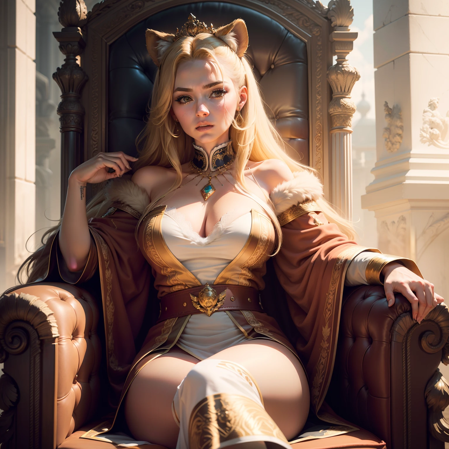 "Detailed description: Provide an elaborate depiction of a stunning female prison warden sitting regally on a throne, wearing a majestic lion-fur robe."