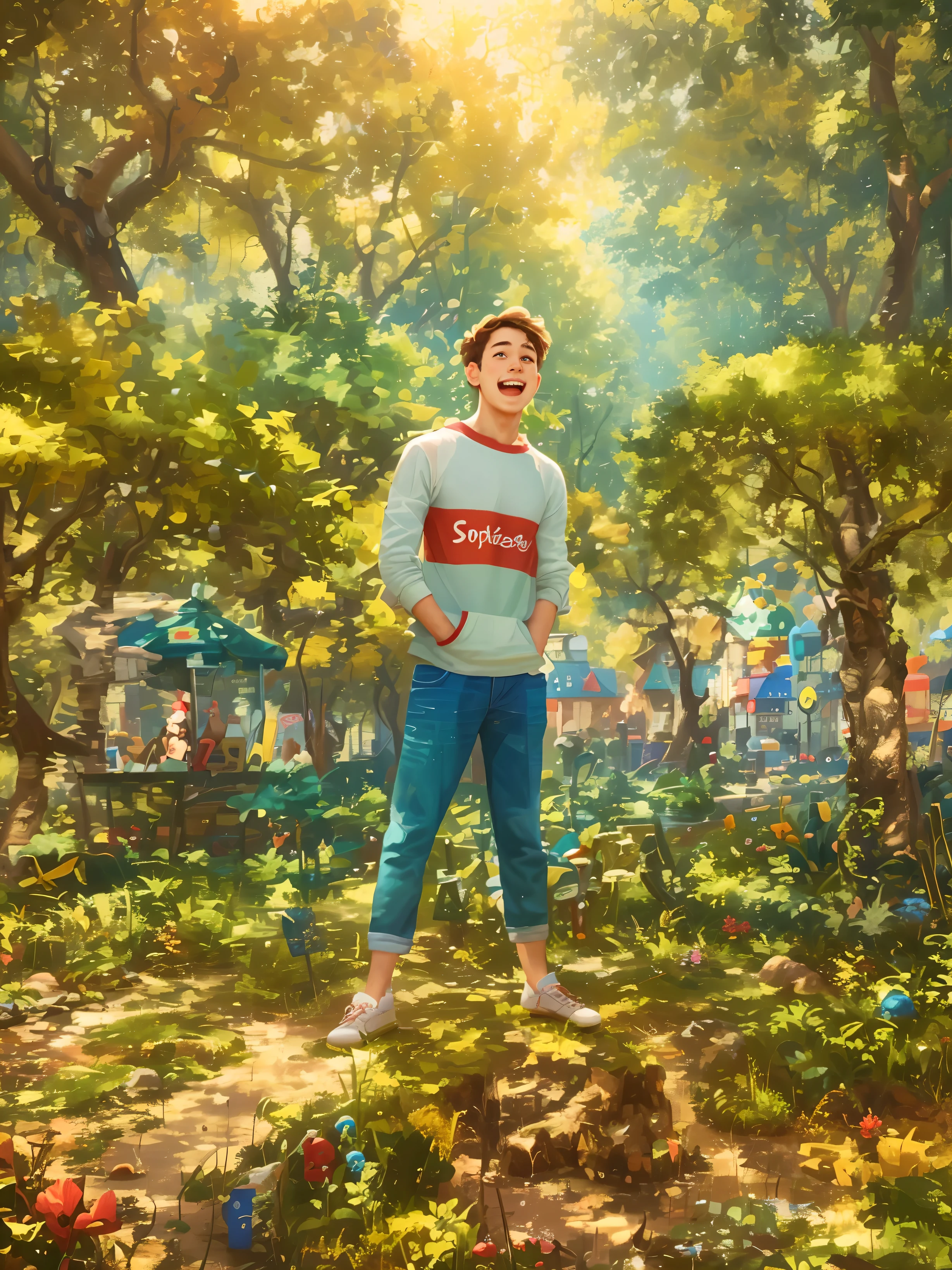Gorgeous 25-year-old boy in an amusement park, happy, broad shoulders, clear focus (clutter - house: 0.8), (masterpiece: 1.2) (Realistic: 1.2) (Bokeh) (Best quality) (Detailed skin: 1.3) (Intricate details) (8K) (Detail eyes) (Sharp focus), (Happy)