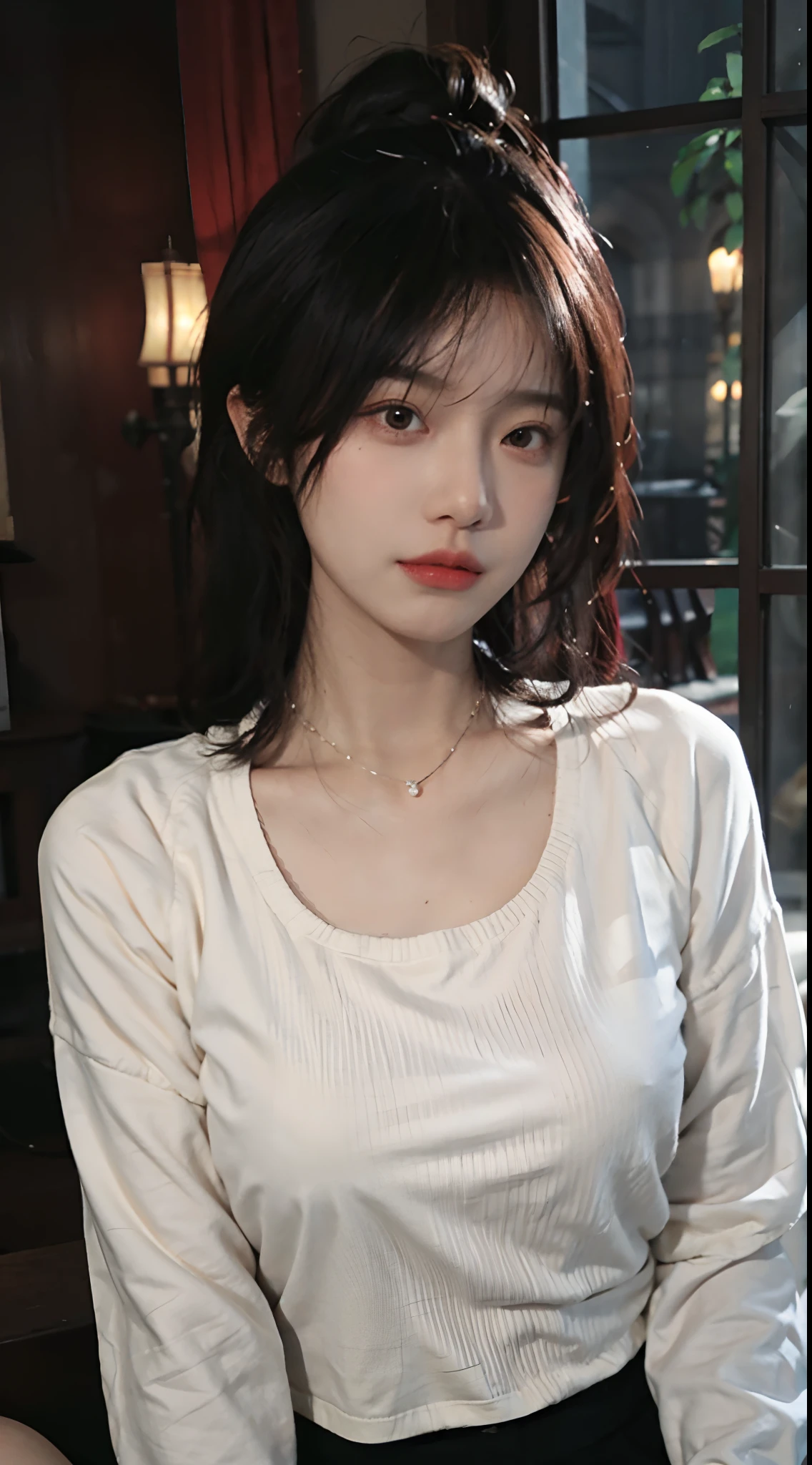 best qualtiy, 超高分辨率, (realisticlying:1.4),Baoyu Girl,1girll, with long coiled hair,Looking into the distance,nedium breasts:1.4,Cropped red sweater,a sense of atmosphere,Beautiful woman with a slim figure:1.4, Abs:1.4,,Ultra-fine face,Elaborate Eyes,二重まぶた,choker necklace
