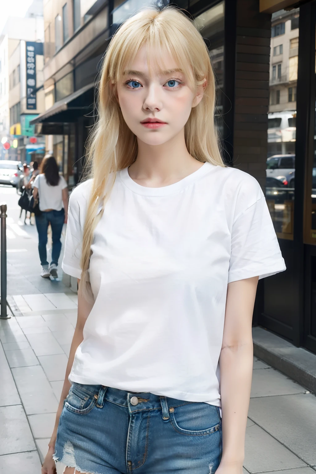 1girl, blond hair, blue eyes, wearing plain white shirt, denim shorts, city, absurdres, high res, ultrasharp, 8K, masterpiece, looking at viewer