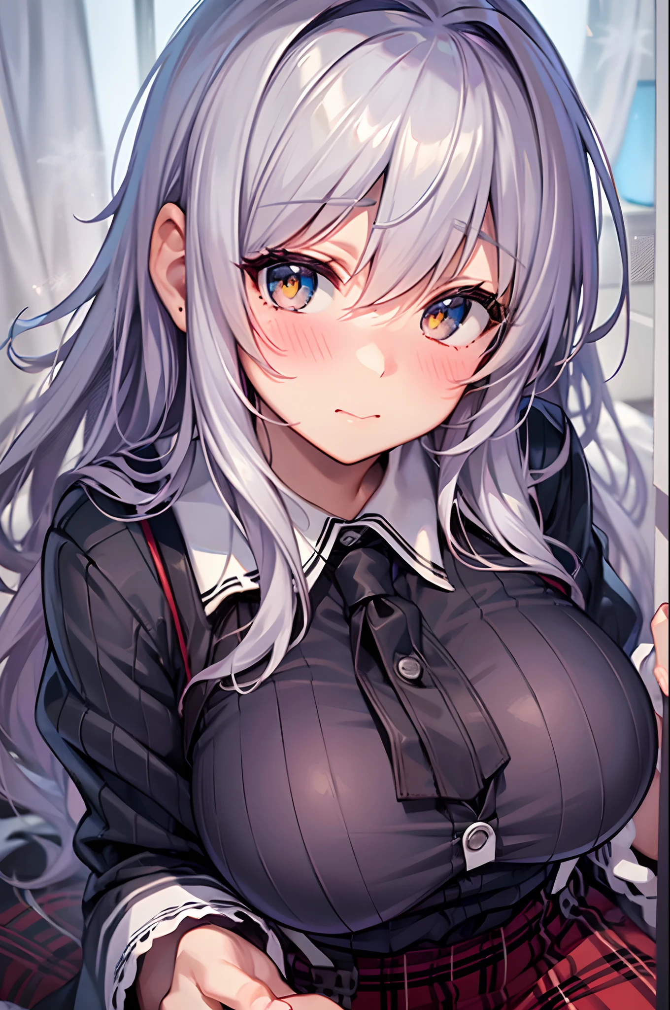 Best Quality, ultra-detailliert, Illustration, silber hair, Aimei,,embarrassed from，red blush，scratching your head，The long-haired，cute  face，beutiful breast，turned around，Suspender Skirt，long-sleeve，Dark blue skirt，neck tie，Close，Angle to show off breasts，look up to，finely detail，a bed、Sit up