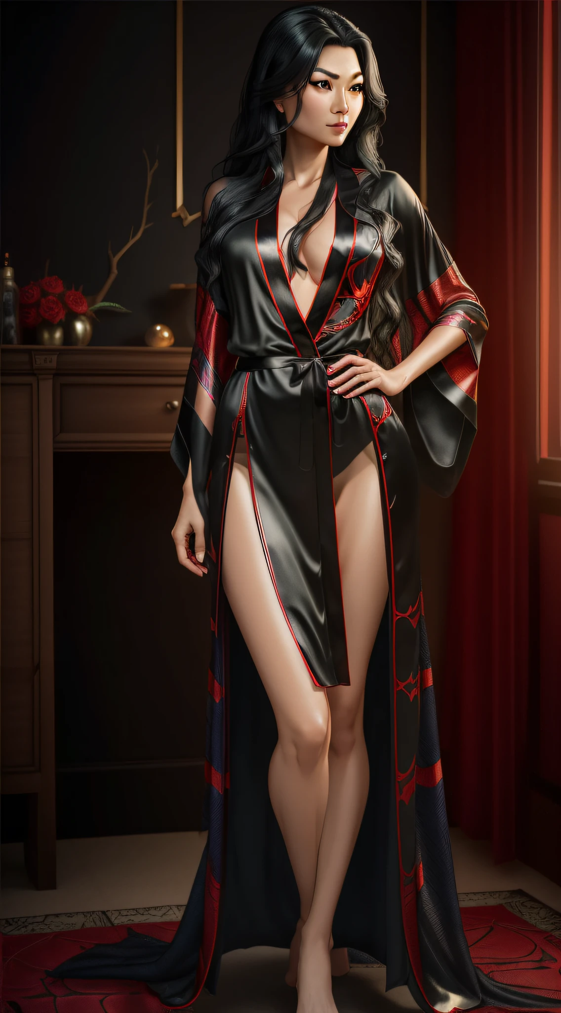 Cindy Moon, Silk, in a bedroom, flirting, wears a (black spider-man robe), robe includes a (red spider emblem) on the chest, (long black hair), (full body render), (full body view), fine detail, hyper realistic, HD, 4K, definition, texture, perfect detail, perfect face, beautiful, hyperrealism, trending on artstation