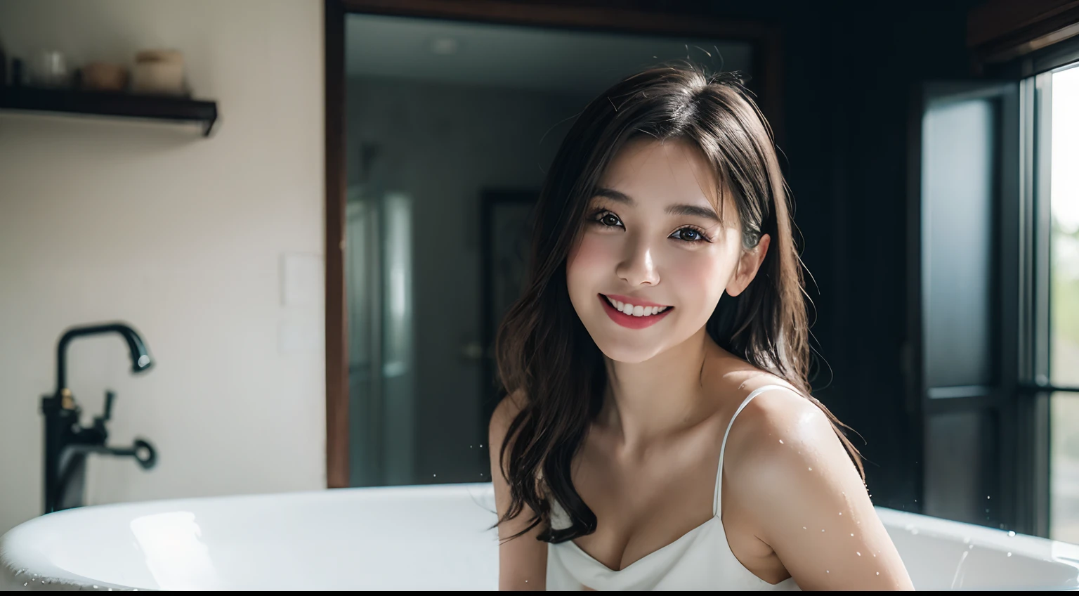 1girll,Girl sitting in the bathtub,in bathroom, tinas, with backdrop of natural light, with a seductive smile, exclusive, Relaxed, shot on canon eos r 5, Shot on a Canon EOS R5, wet blouses,Short white dress,1.2,cleavage