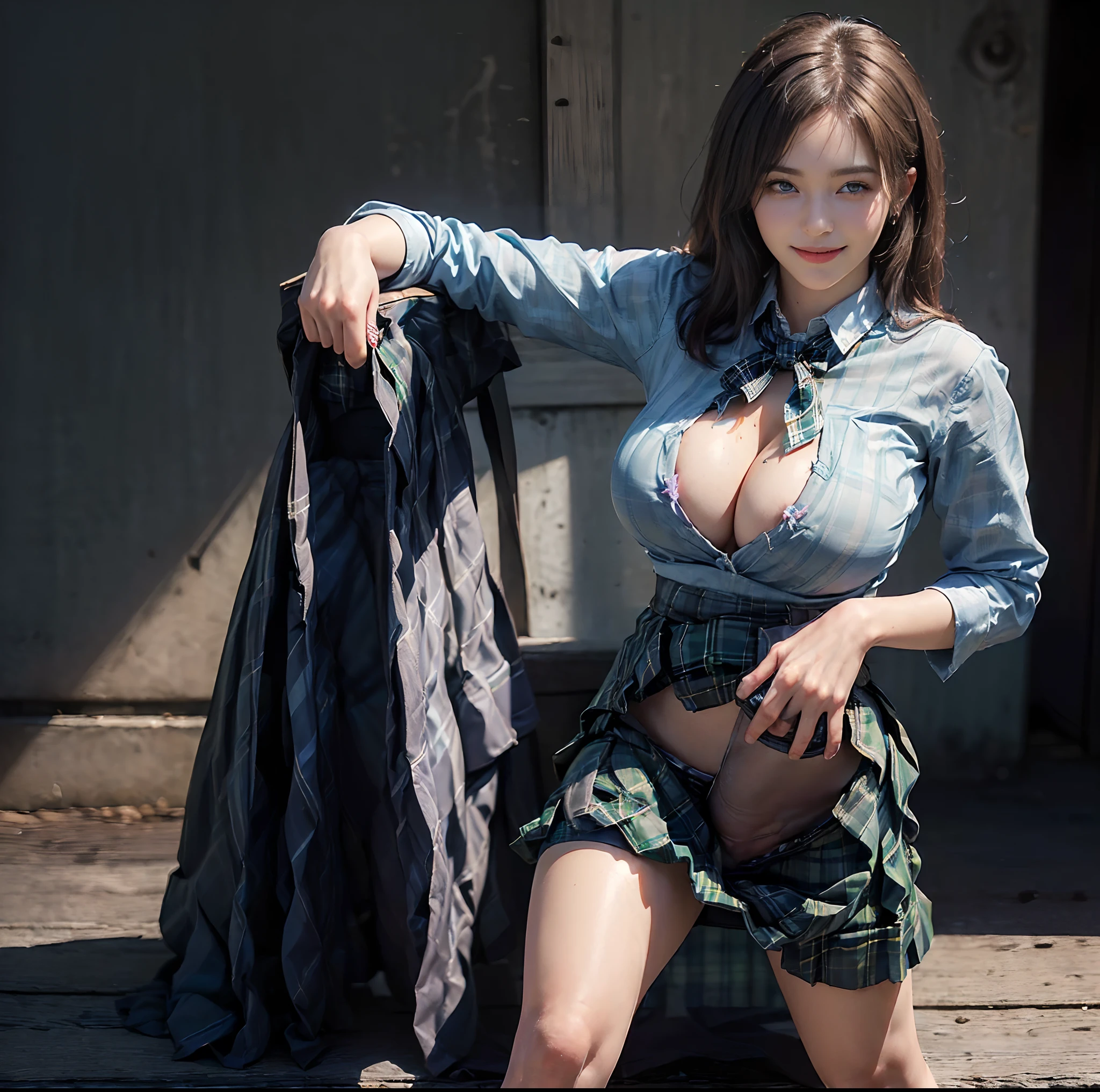 (top-quality)、 (​masterpiece)、(Realistic lighting with shadows)、 (elegent)、 (A hyper-realistic:1.5)、(Stylish), (traditional), (artistic), (intricate detailes)、 (Perfect anatomical depiction of the human body)、(2 girls in), ( Huge breasts :1.6), (Beautiful bright blue eyes squinting dazzlingly)、 (She has a small mouth without lipstick)、 (She has brunette half-up hair that shines in the backlight), (She is a schoolgirl costume:1.3)、 (The skirt is a tartan plaid micro mini pleat:1.5)、 (Thin crimson ribbon ties:1.3), (The blouse is tightly closed from the neck to the skirt)、 (The blouse is very cramped:1.5)、(She stands and bends her knees slightly:1.3)、(This is a photo taken with squinted eyes and a cute smile...:1.5), (Pull up the skirt to show the crotch:2.2), (Only one person is showing his ass with his back turned:1.4), (the face is chubby:1.3), (perfect anatomia), (A detailed face), (close up of face), irene1