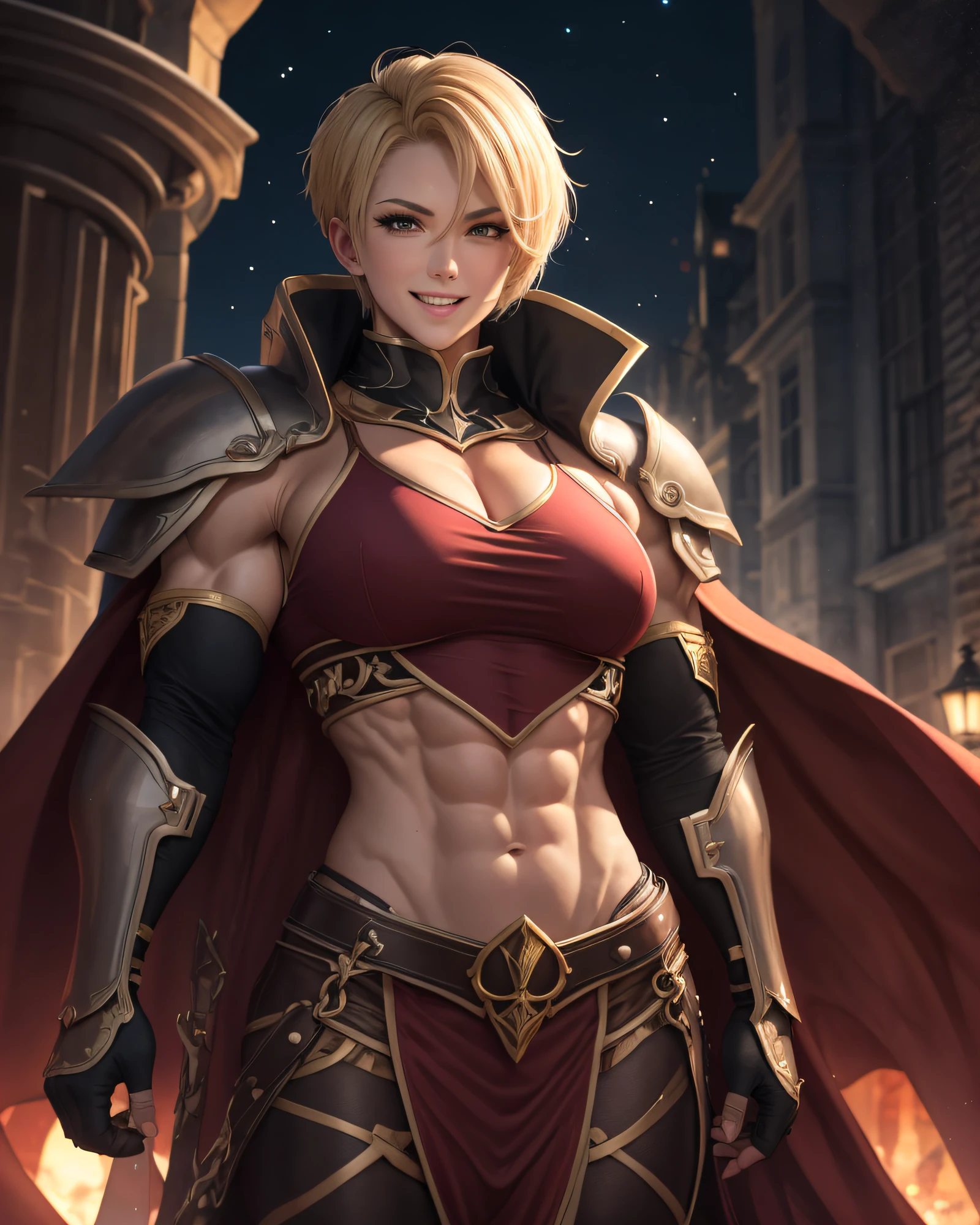 Royal Knight:1.3, (masterpiece, best quality:1.37), ultra-detailed:1.37, hyper-sharp:1.37, anime style, An illustration of a female royal knight bodybuilder, The female royal knight bodybuilder is 2m tall and has a muscular build. A female royal knight bodybuilder wears a golden royal knight armor, sunglasses, exposing her muscles. A female royal knight bodybuilder is standing in a night street under red full-moon, seductive evil smile, open mouth, blonde side-under cut hair, bodybuilder fashion, looking the viewer, view viewer,