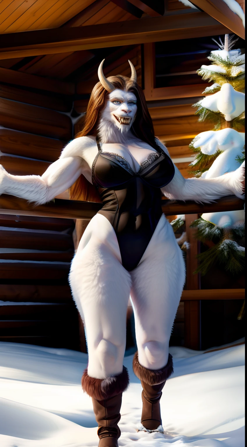 anthropomorphic, woman, monster woman hybrid, yeti, sexy black lace high cut leotard, busty, muscular body, thicc, fierce, sharp teeth, saber fangs, hourglass body, hair, sexy, beautiful, savage, long claws, Photograph, white wooly fur, sexy hips, sexy legs, fit body, hard abs, Yeti Face, horns, cabin, snow, forest, bare feet,