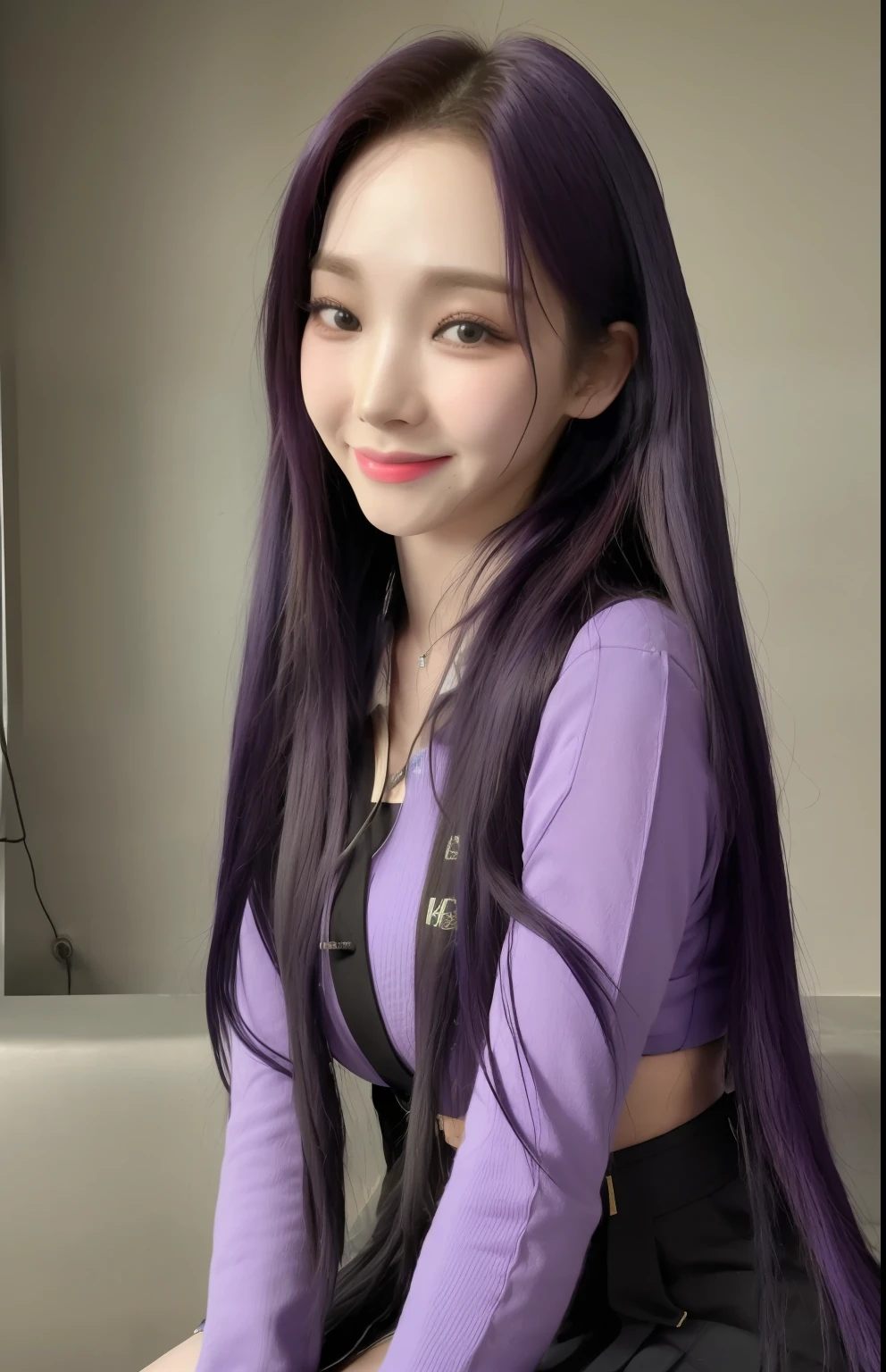aespakarina, 8k, 4k, realistic photo, an perfect extremely beautiful women, long hair, purple hair, school uniform sweter, dark gray unifoem skirt, sitting at a desk in a university lecture hall, thick thighs, smile face, large breasts, nose blush,
