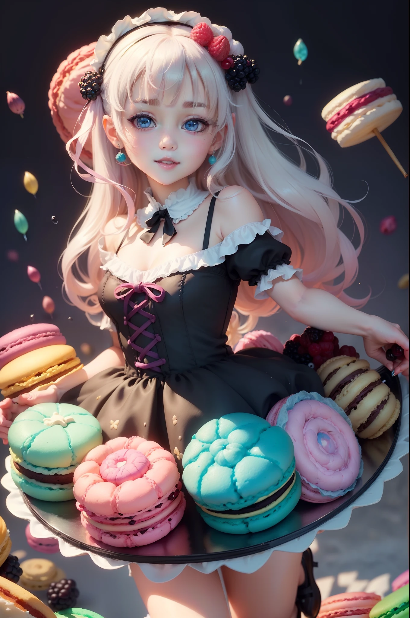 (pastelcolor:1.3)、(cute illustration:1.3)、(watercolor paiting:1.1)、（tchibi：1.1）
Detailed background、1girl in、Charming smile、beautiful with detail、moya、extremely colorful、marbled、Particles of Light、patterns、
Detailed drawing、Vibrant colors、Striking contrast、intricately details、Delicate depiction、glowing、full body Esbian、
Beautiful facial features、Brightly Colored Eyes、Wear intricate and delicate ornaments、Glowing aura、Radiant hair,1girl in, Rounded eyes, large anime eyes, The pupil is in a solid circle, （Golden-headed hair）, a pixie cut, Smile, Small breasts, (kawaii, White background, Floating, raspberry、blue berry、Guzberg、Blackberries, morango, Fruits, a cake, Jam jar, Muffin, lollipop, Macaroons, Candy explosion:1.3), Gothic Lolita dress, Mini skirt, Stocking garters, platform footwear, hair adornments