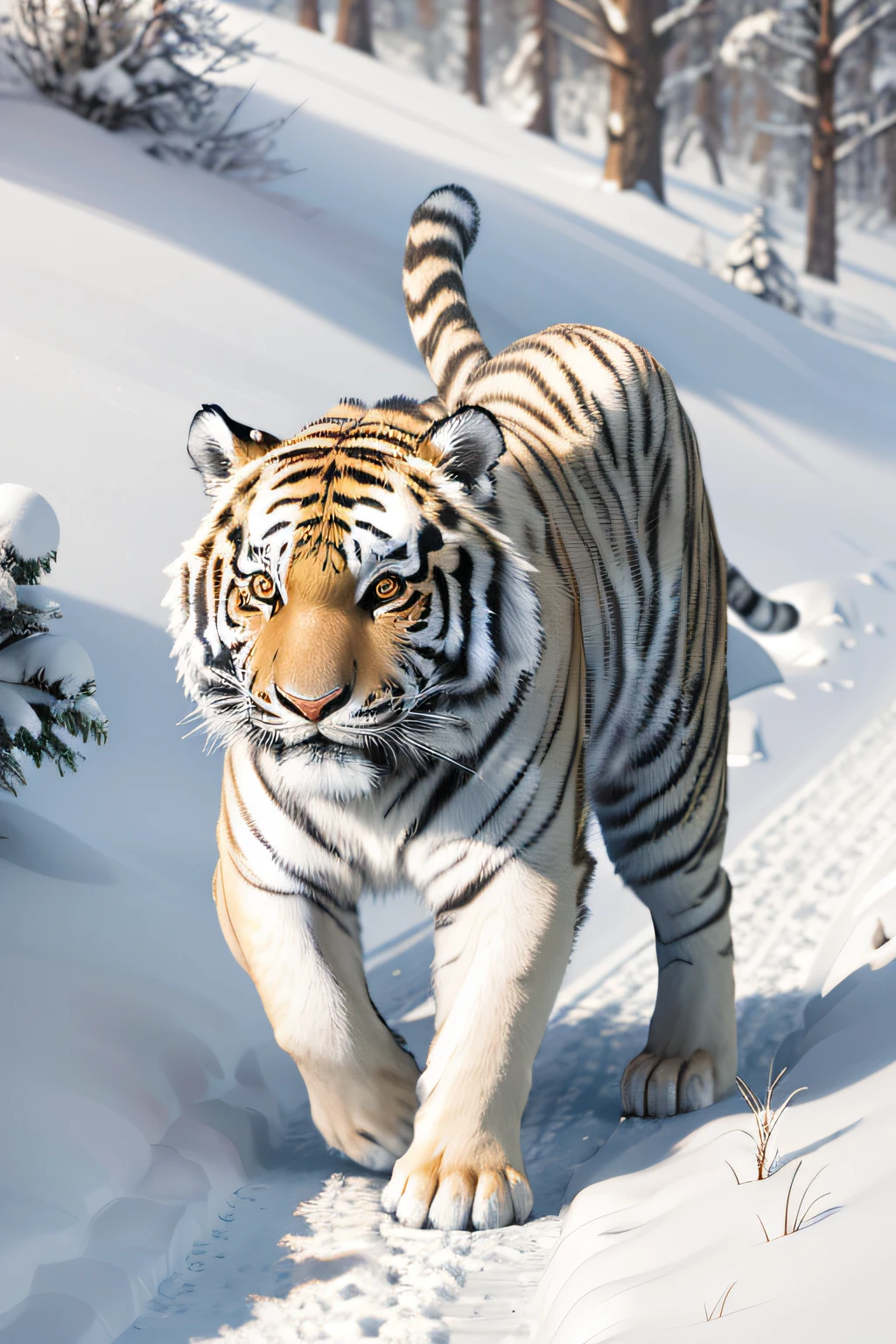 There is a tiger walking through the snow in the woods, Ultra-Realistic Illustrations, White tiger, Dramatic cinematic details fur, Tiger, highly detailed digital painting, Realistic illustration, hyper realisitc, Ultra-Realistic Illustrations, highly detailed animal, ((Tiger)), photorealistic highly detailed, highly realistic photograph, spotted ultra realistic, digital painting highly detailed, ultra-realistic picture
