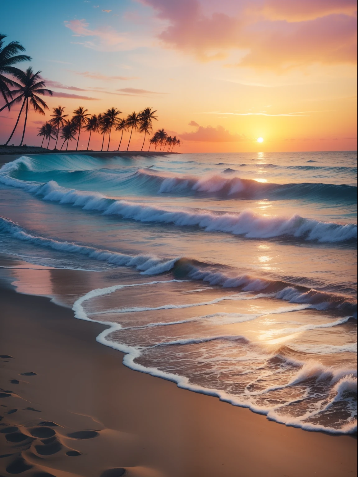 An absolutely mesmerizing sunset over the beach, with a blend of oranges, pinks, and yellows filling the sky. Crystal-clear waters of the sea gently kissing the shore, with sandy white beach stretching far and wide. The scene is dynamic and breathtaking, with seagulls soaring high in the sky and gently swaying palm trees. Take in the calming atmosphere and let the peacefulness wash over you.