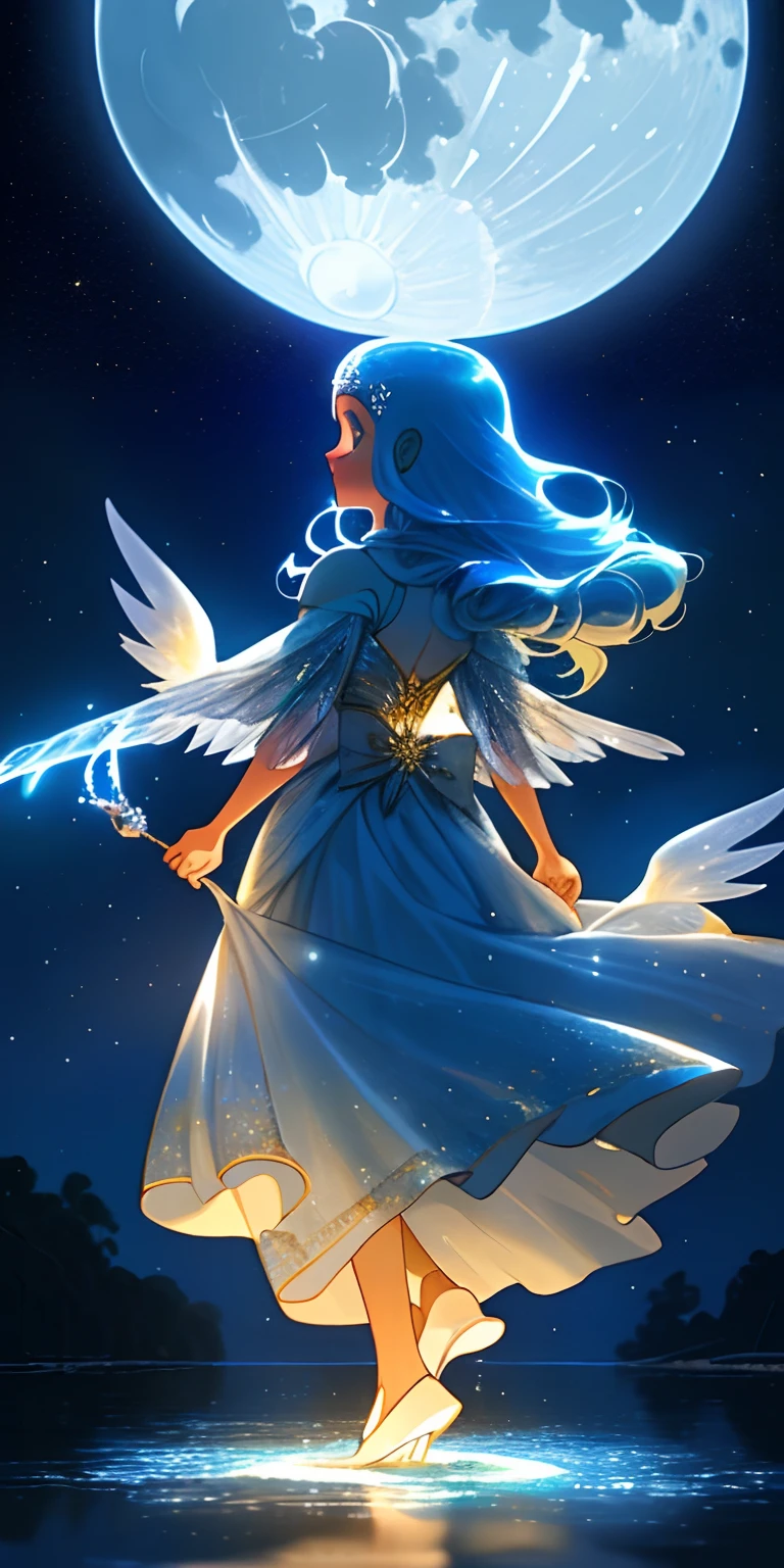 Uma garota anjo, Walking through the crystal clear water, asas brilhantes e iluminantes de anjo , Bright moon ahead starry sky , uma noite tranquila
