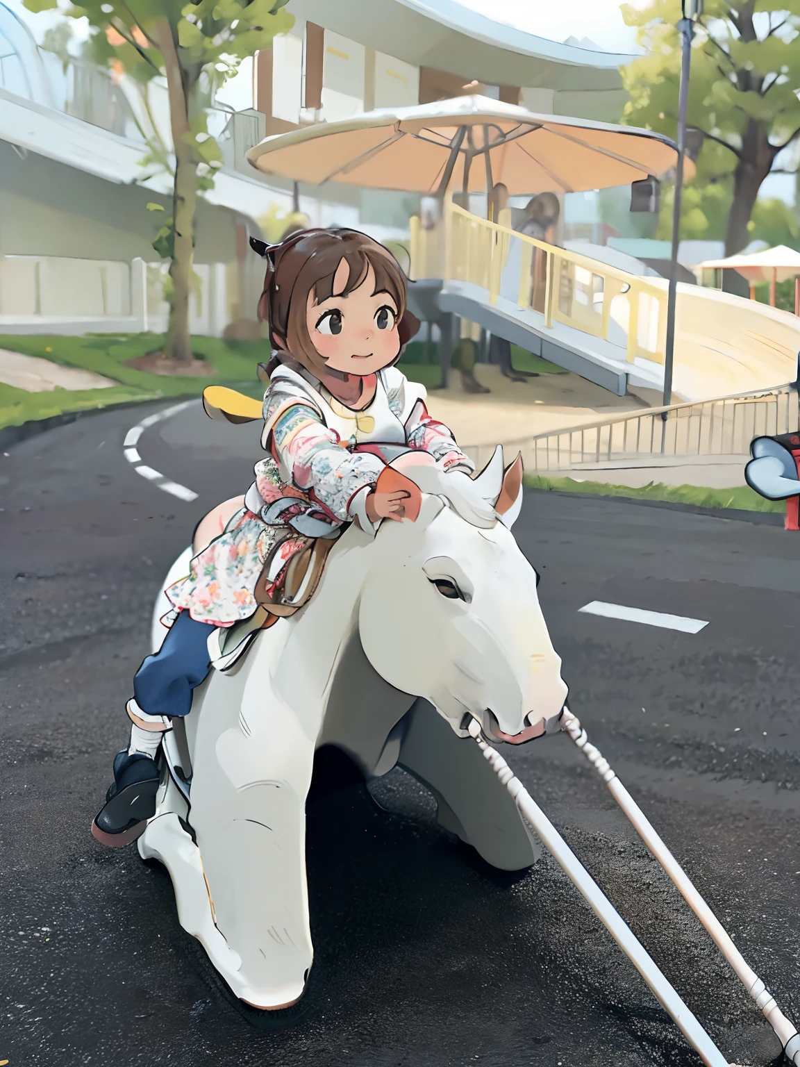 there is a young girl riding a horse on a playground, toddler, at a park, taken with sony alpha 9, having a great time, little kid, 2 years old, riding on a prancing horse, at the park, riding a horse, kid, taken with sigma 2 0 mm f 1. 4, playground, donkey riding a playground swing