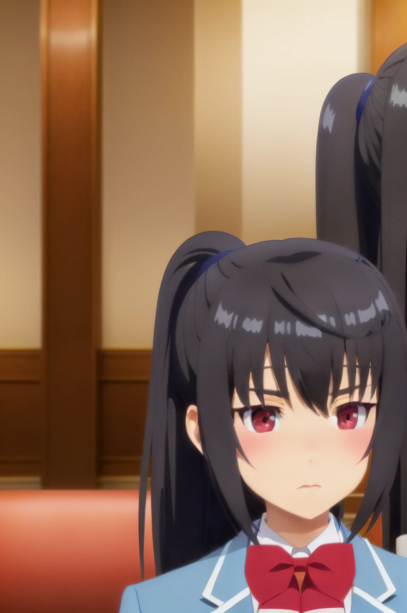 yaegashi shizuku, 1girl, black hair, solo, ponytail, school uniform, long hair, red eyes, bow, red bow, jacket, blush, bowtie, looking at viewer, shirt,