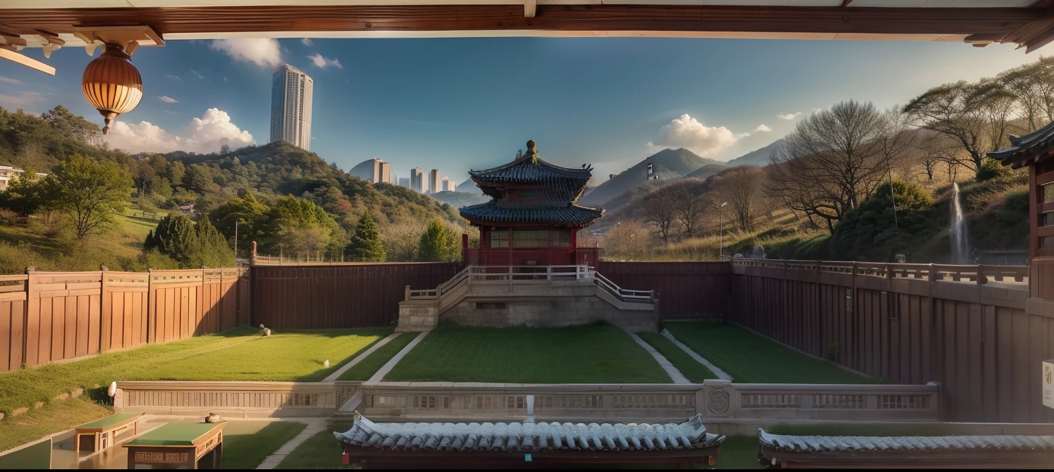 verism style,real photograph,(photore:2),farm land,profile,grassy fields,Green mountains,Traditional Korean architecture,Gyeongbokgung,buliding,Rich layers,Highly meticulous,Rich in detail,Excellent quality