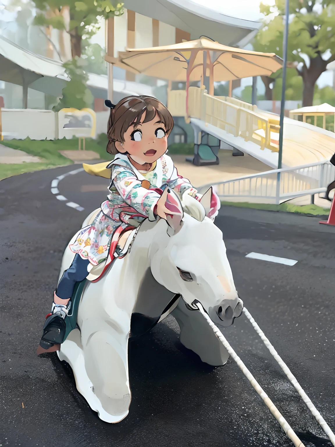 there is a young girl riding a horse on a playground, toddler, at a park, taken with sony alpha 9, having a great time, little kid, 2 years old, riding on a prancing horse, at the park, riding a horse, kid, taken with sigma 2 0 mm f 1. 4, playground, donkey riding a playground swing