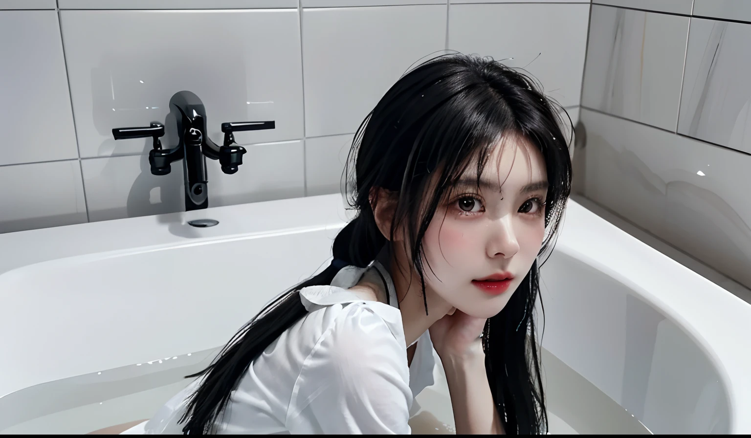 black hair girl,transparent white shirt,Superskirt,Soap Bubbles,Sit in the bathtub,Flushing on the face,Get wet all over your body,The expression is shy,High- sharpness,A high resolution,Chinese beautiful woman,a asian beauty,pony tails