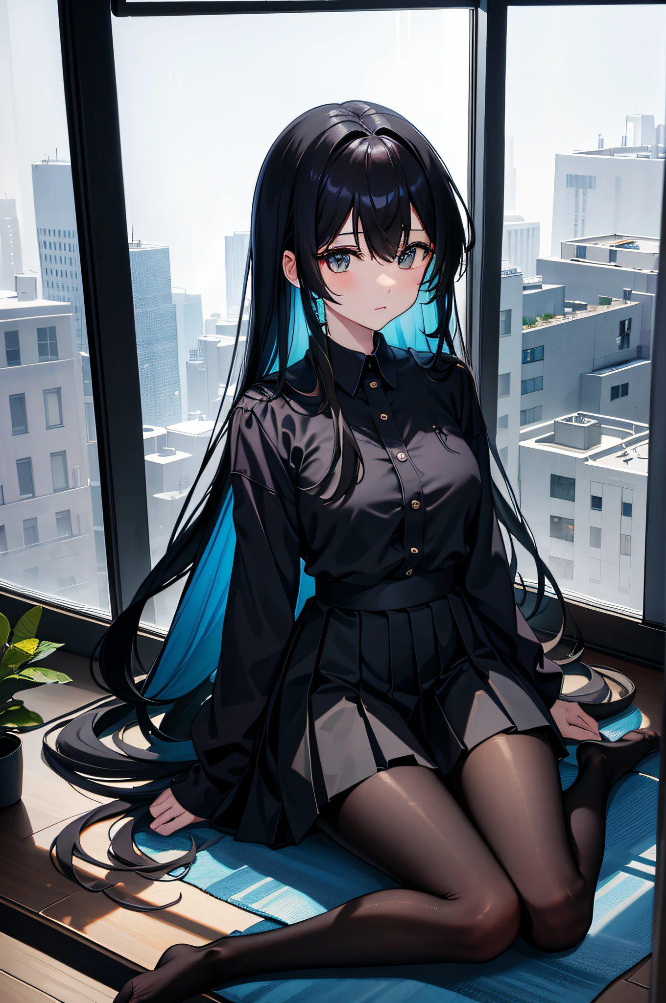 tmasterpiece、Need、Highest high resolution、Japanese high school student、Japanese high school girl、deep blues+Black  top、a black pleated skirt、The slender legs are wearing dark black pantyhose、No shoes、ccurateblack hair、Long straight hair, blue colors+Black colored eyes、Sit by the large floor-to-ceiling windows、janelas，glass wall，Look out the window、Outside the window is a sight that can only be seen from the upper floors：Illuminated streets、Brilliant neon lights、Dark night sky and starry sky。
