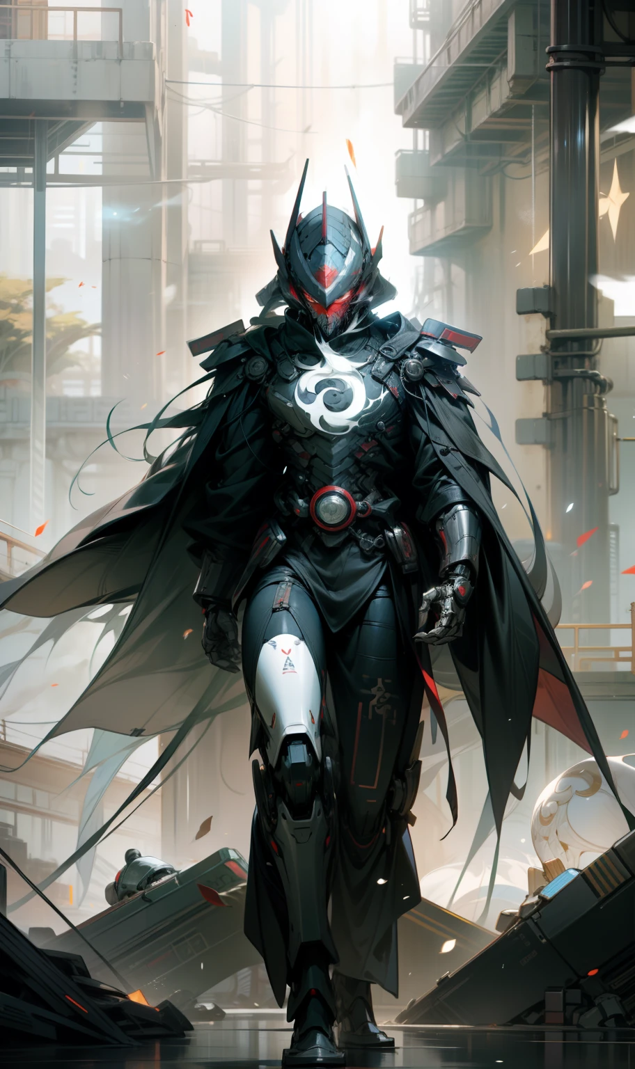 Red mask,The helmet of an ancient Chinese general,male people,Strong males,Huge shoulder armor,Tall mech,Silver-white body,The white,Use the plasma sword,There is a dragon particle effect,Yin and Yang gossip,Formation,mechanical sense,sense of strength,Sense of space,combats,cyber punk perssonage,Human body modification,Structurally sound,Battle instant,high-quality face,4K,High quality,Masterpieces