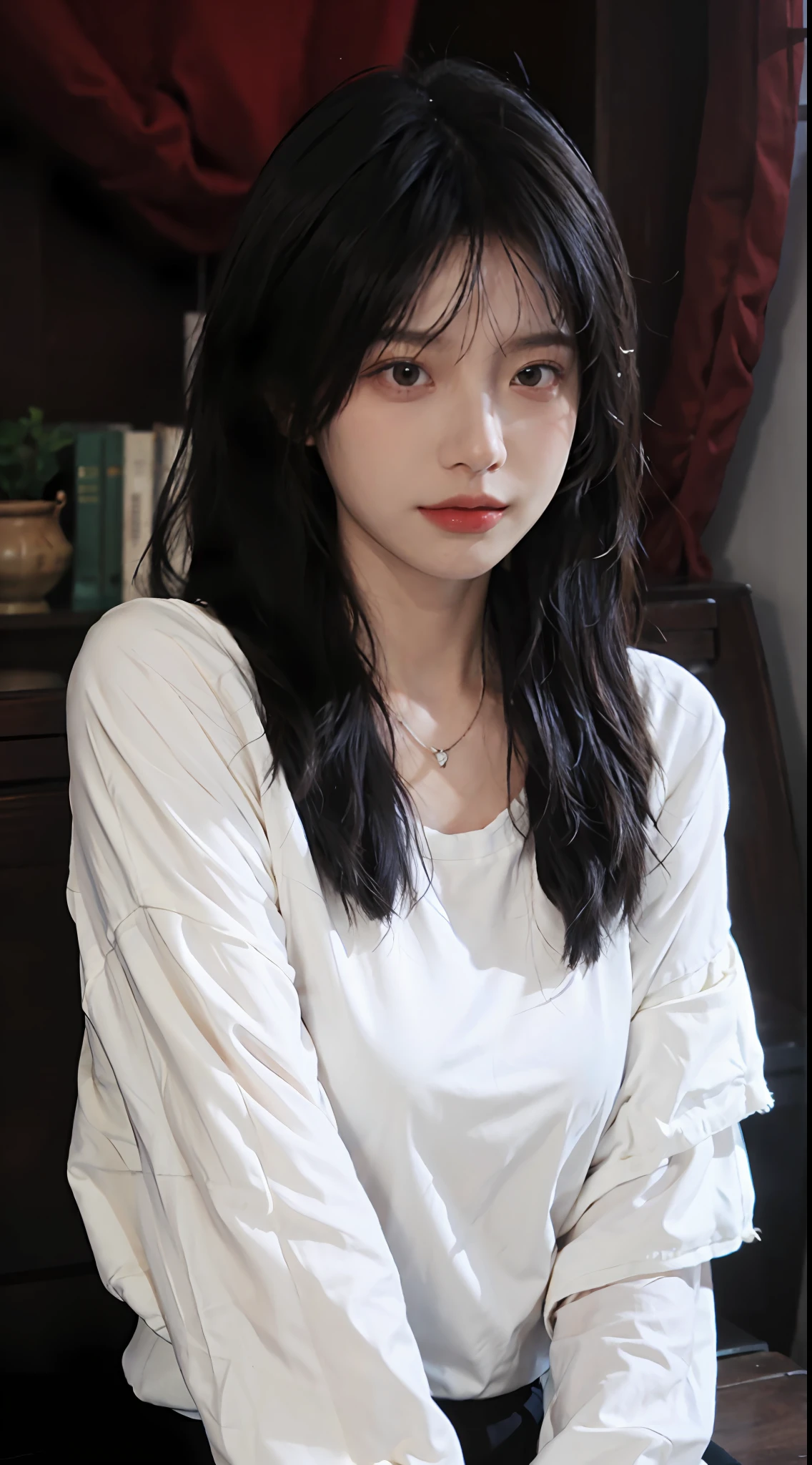 best qualtiy， 超高分辨率， （realisticlying：1.4），Baoyu Girl，1girll, with long coiled hair，Looking into the distance，nedium breasts：1.4，Cropped red sweater，a sense of atmosphere，Beautiful woman with a slim figure:1.4, Abs:1.4,,Ultra-fine face，Elaborate Eyes，二重まぶた，choker necklace