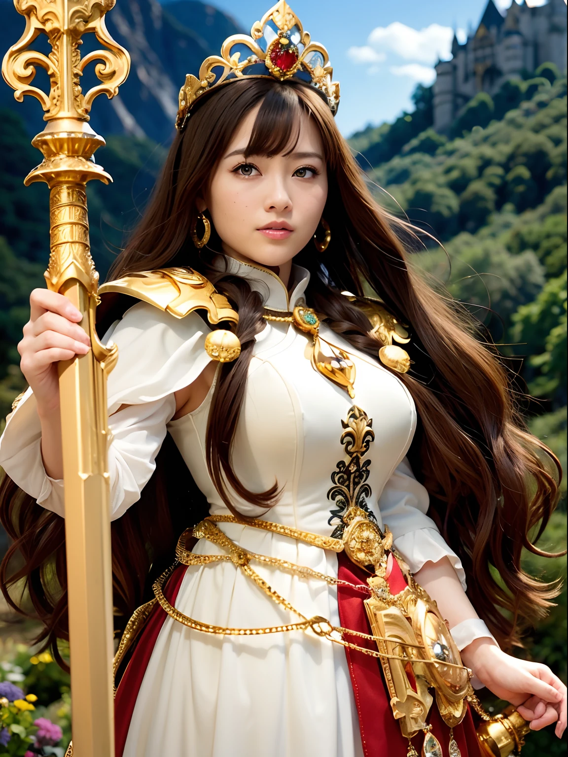 Professional , masterpiece、top-quality、photos realistic , depth of fields (Gemstone Silver Metal Body:1.9),(Matte yellow、Jewel Gold Weapon、(Gorgeous castle background)、(Jewel Metal Body:1.4),(Gorgeous Jewel Metal Weapons) , (Detailed Sword of the Brave) ,( ) ,warhammer 40k , adepta sororitas,Detail and ornate jewel crown、Brown hair、(Gangle's forest background)、1a person、dynamic ungle,(((Diamond tiara with detail and luxury)))、a small face、A smile、Powerful poses、(Gorgeous castle background)、huge filesize、20 year old beautiful woman、Stand in the center of the screen、Thin female fingers、Straight long hair、Beautiful Caucasian beauty、Mystical expression、Lightly open your mouth、,Luminescent particles,light scattering,Tindall Effect
