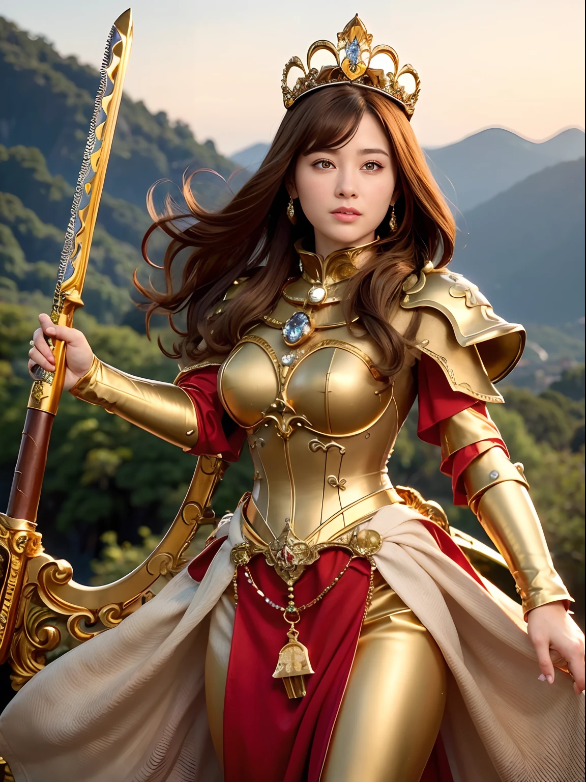 Professional , ​masterpiece、top-quality、photos realistic , depth of fields （Gemstone Silver Metal Body:1.９),(Matte yellow、Jewel Gold Weapon、（Gorgeous castle background）、（Jewel Metal Body:1.４),（Gorgeous Jewel Metal Weapons） , （Detailed Sword of the Brave） ,（ ）   ,warhammer 40k , adepta sororitas,Detail and ornate jewel crown、Brown hair、（Gangle's forest background）、１a person、dynamic ungle,(((Diamond tiara with detail and luxury)))、a small face、A smile、Powerful poses、（Gorgeous castle background）、huge filesize、20 year old beautiful woman、Stand in the center of the screen、Thin female fingers、Straight long hair、Beautiful Caucasian beauty、Mystical expression、Lightly open your mouth、,Luminescent particles,light scattering,Tindall Effect