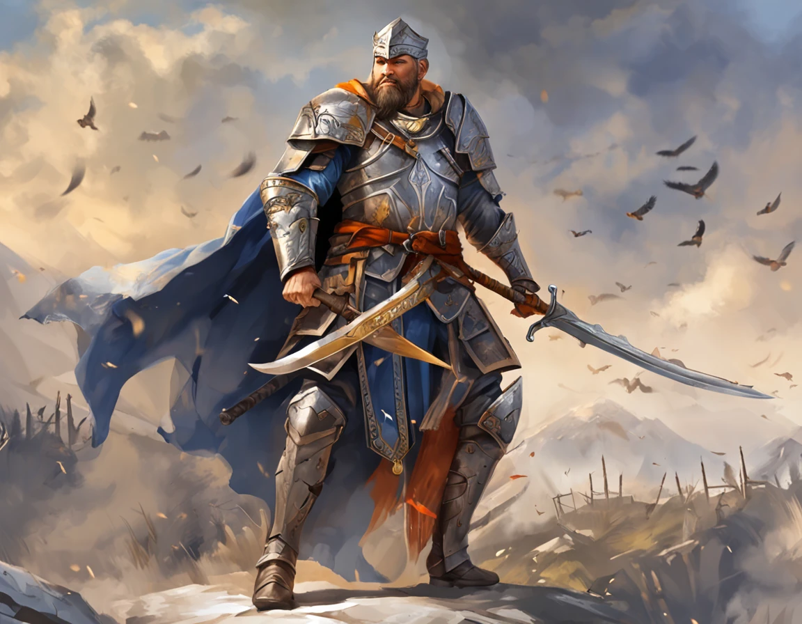 royal knight, (best quality), (masterpiece), (photorealistic), (realistic), ultra detailed, unity 8k wallpaper, highly detailed cg, ray tracking, sharp shadows, great detail, depth of field, super detailed background, you will be the sword to defeat the enemy. Scalemail, broadsword, blue cloak, stance of the right eye, chivalry, justice, 40 years old, thin beard, broken jaw, sharp eyes, dark blonde, tall, circlet, hills, forest to the right, down to the left, dynamic action.