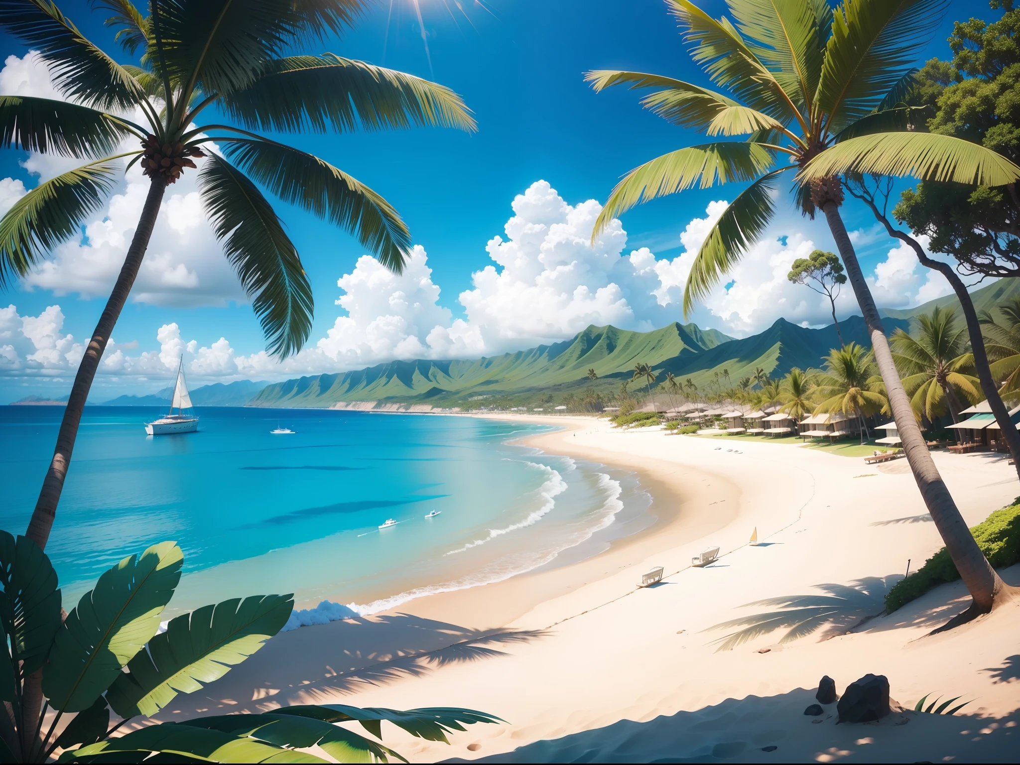 "Hawaiian beach lagoon, palm trees swaying in the breeze, sailboat floating on the horizon, crystal clear blue-green water reflecting the sunlight, gorgeous blue sky above" realistic 8k cinematic.