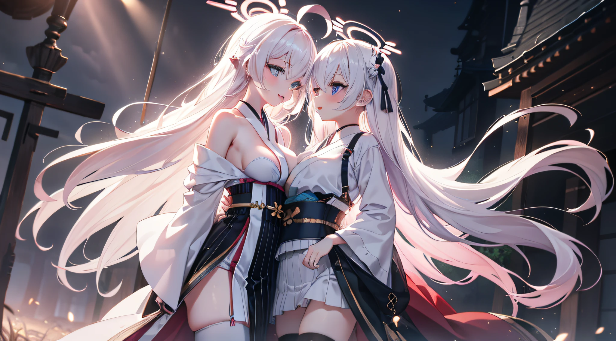 4K, 16k, 32K, 64k, 128k, 256k, 512k,grabbing breast,high-heels,Hanfu,long white hair, Japanese clothes, Bare shoulders, white thighhighs, Hair ribbon, Large breasts, forest, standing,2 girls,tongue kissing,Breast-to-breast contact,Fantastic, magic, Light rays, Ray traching, post-proces, eyeslashes, (eye shadows), eyes liner, mascara, Makeup, Yuri, (Thighs:0.8) NSFW, Dynamic Angle(Large breasts