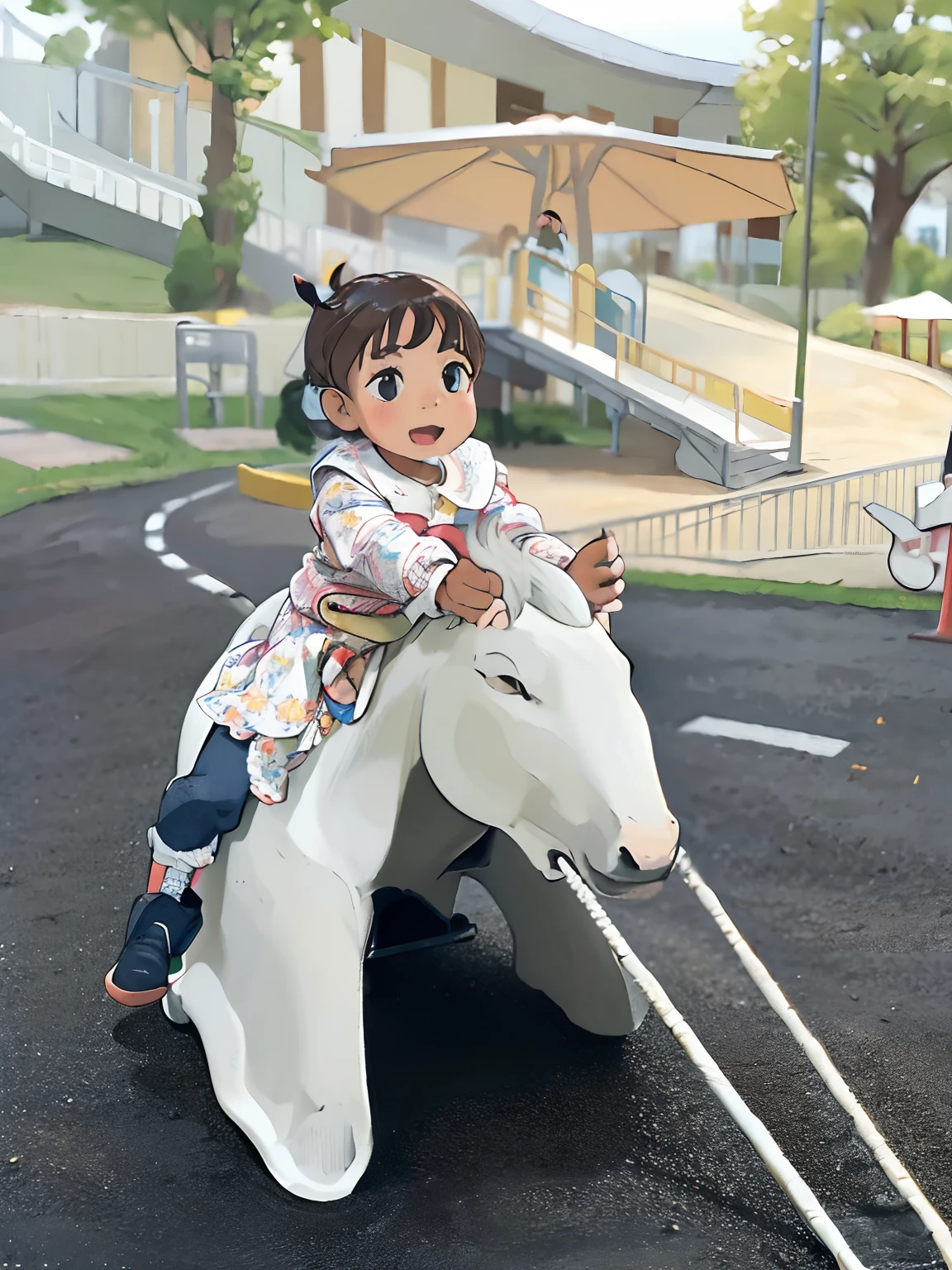 there is a young girl riding a horse on a playground, toddler, at a park, taken with sony alpha 9, having a great time, little kid, , riding on a prancing horse, at the park, riding a horse, kid, taken with sigma 2 0 mm f 1. 4, playground, donkey riding a playground swing