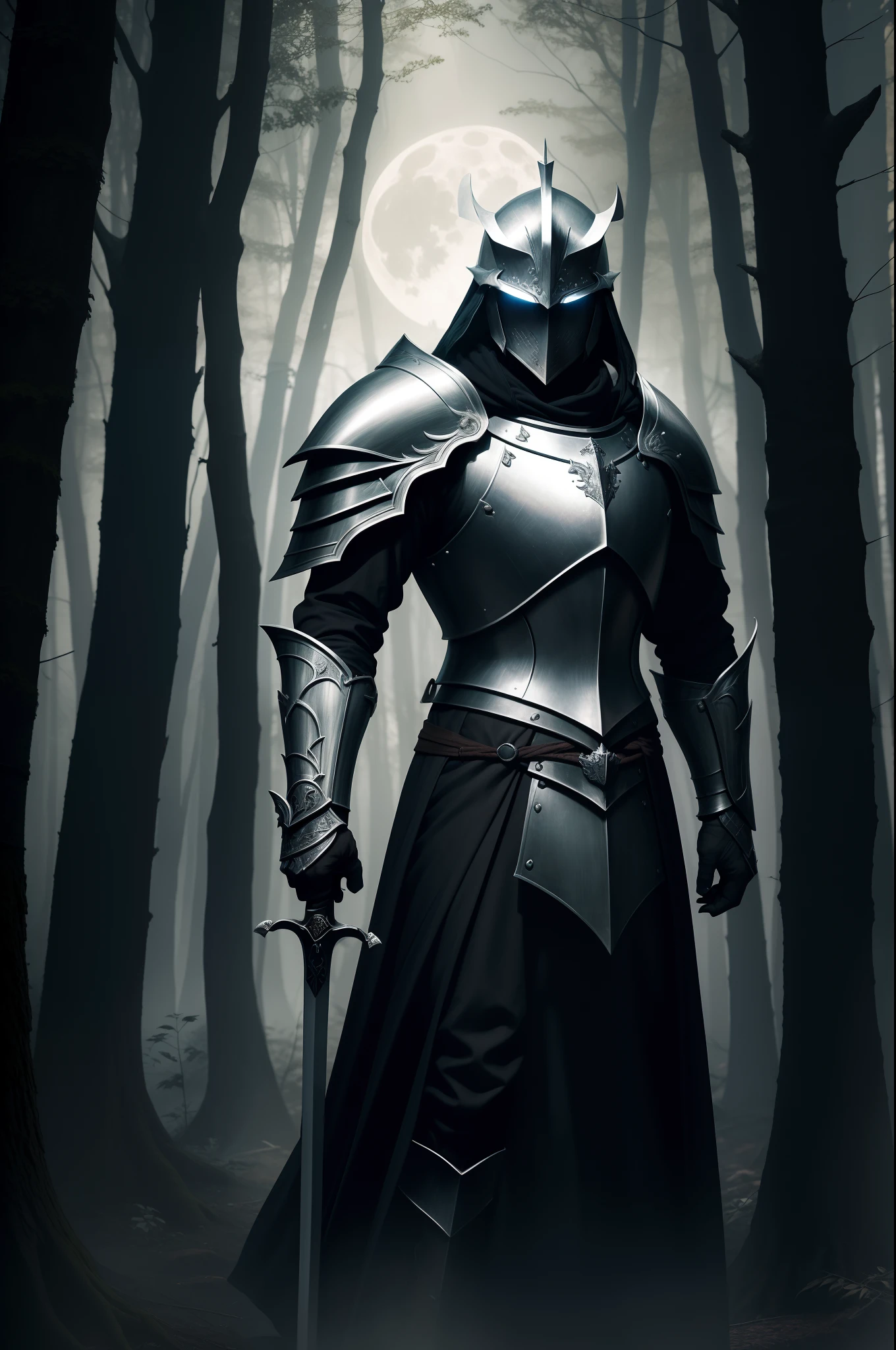 Create an image of an Arthurian medieval royal knight standing resolute in a dense forest, surrounded by foes beneath the moonlit night. The knight wields a gleaming sword, its intricate design catching faint moonlight. His armor displays his noble emblem, reflecting the minimal light available. Gazing unwaveringly at shadowy adversaries, their eyes emitting an eerie glow, he holds his sword with steady determination. The moonlight filters through trees, casting a silvery glow that heightens the scene's tension. Leaves rustle, an owl's distant hoot intensifies the suspense. In the hushed night air, the knight's silhouette epitomizes bravery amidst adversity, promising a clash of steel and a test of courage, shaping the destiny of the forest and its defenders.