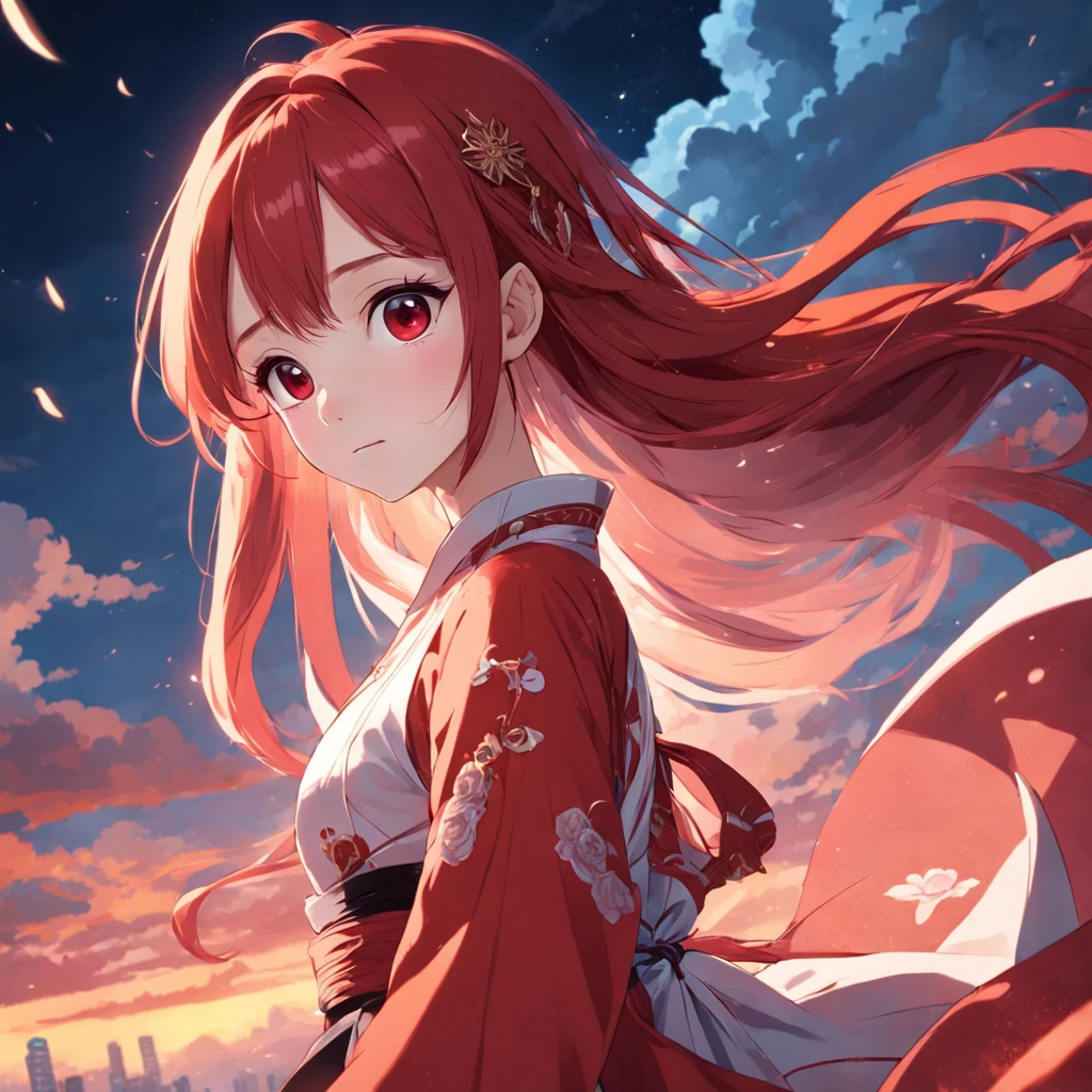 tmasterpiece,best qualtiy,cinematic Film still from,1girl,Cloud Girl,Long blood-red hair、Dressed in gorgeous Chinese clothes、Floating in the sky,closeup cleavage,brightly,cheerfulness,Warm and soft lighting,the sunset,(spark of light:0.7)