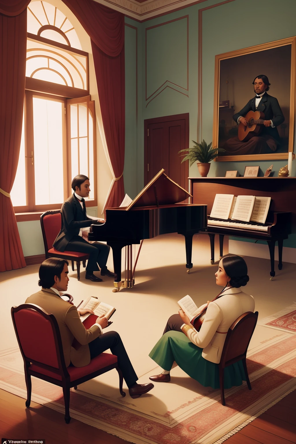 Date: 1851
Country: Peru
Description: Inside a Lima drawing room, friends gather around a piano, enjoying a musical evening filled with melodies.