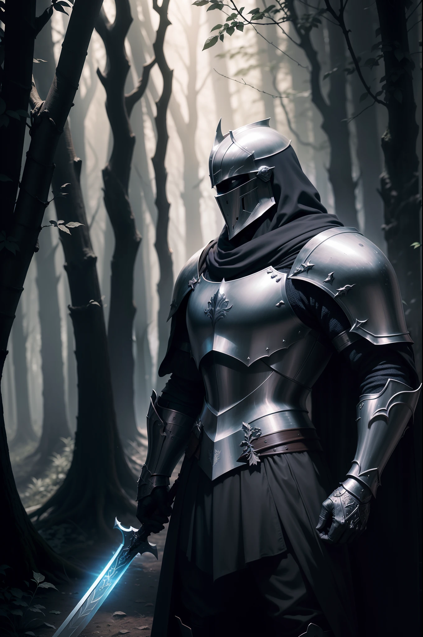 an Arthurian medieval royal knight standing resolute in a dense forest, surrounded by foes  and shadowy adversaries beneath the moonlit night. The knight wields a gleaming sword, he holds his sword with steady determination. The moonlight filters through trees, casting a silvery glow that heightens the scene's tension. Leaves rustle, in the hushed night air, the knight's silhouette epitomizes bravery amidst adversity, promising a clash of steel and a test of courage, shaping the destiny of the forest and its defenders.